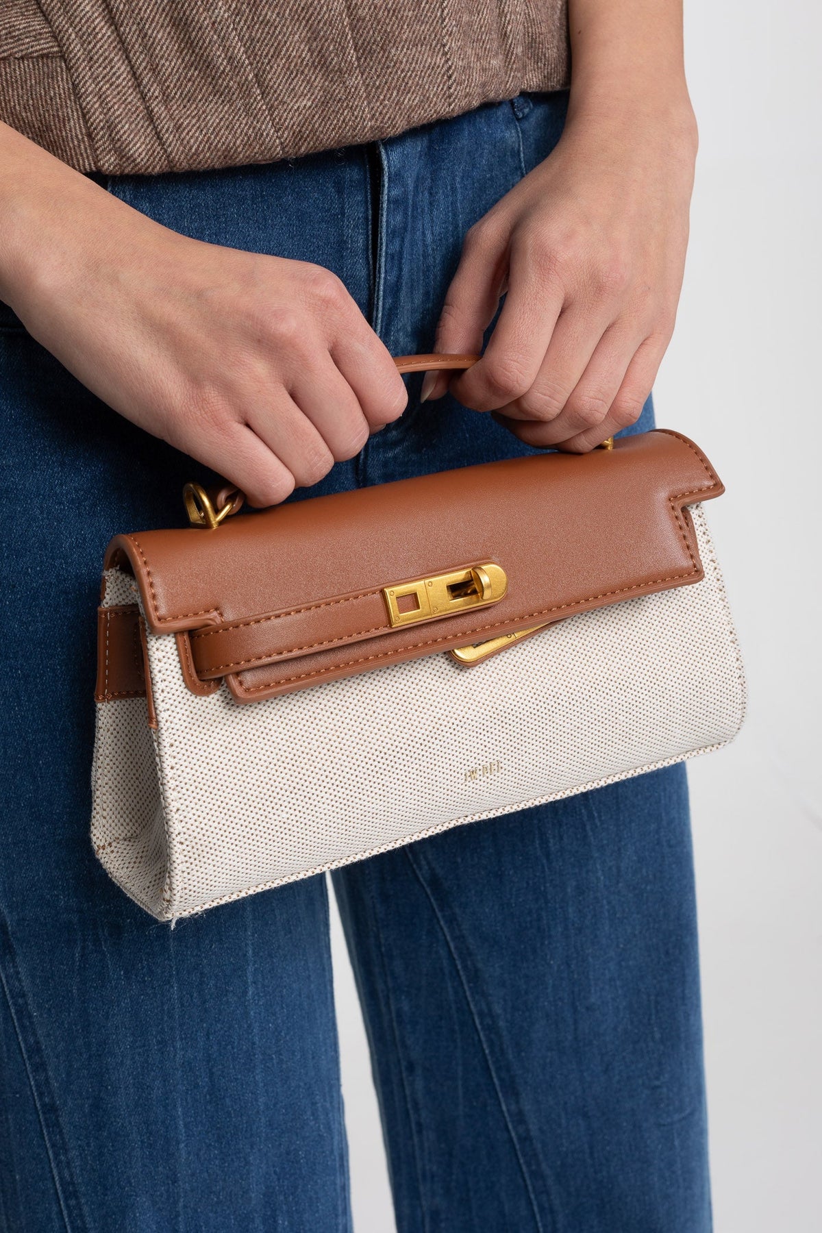 Structured Textured Cowhide Leather Mini Top Handle Bag – Brown/Grey – view 5