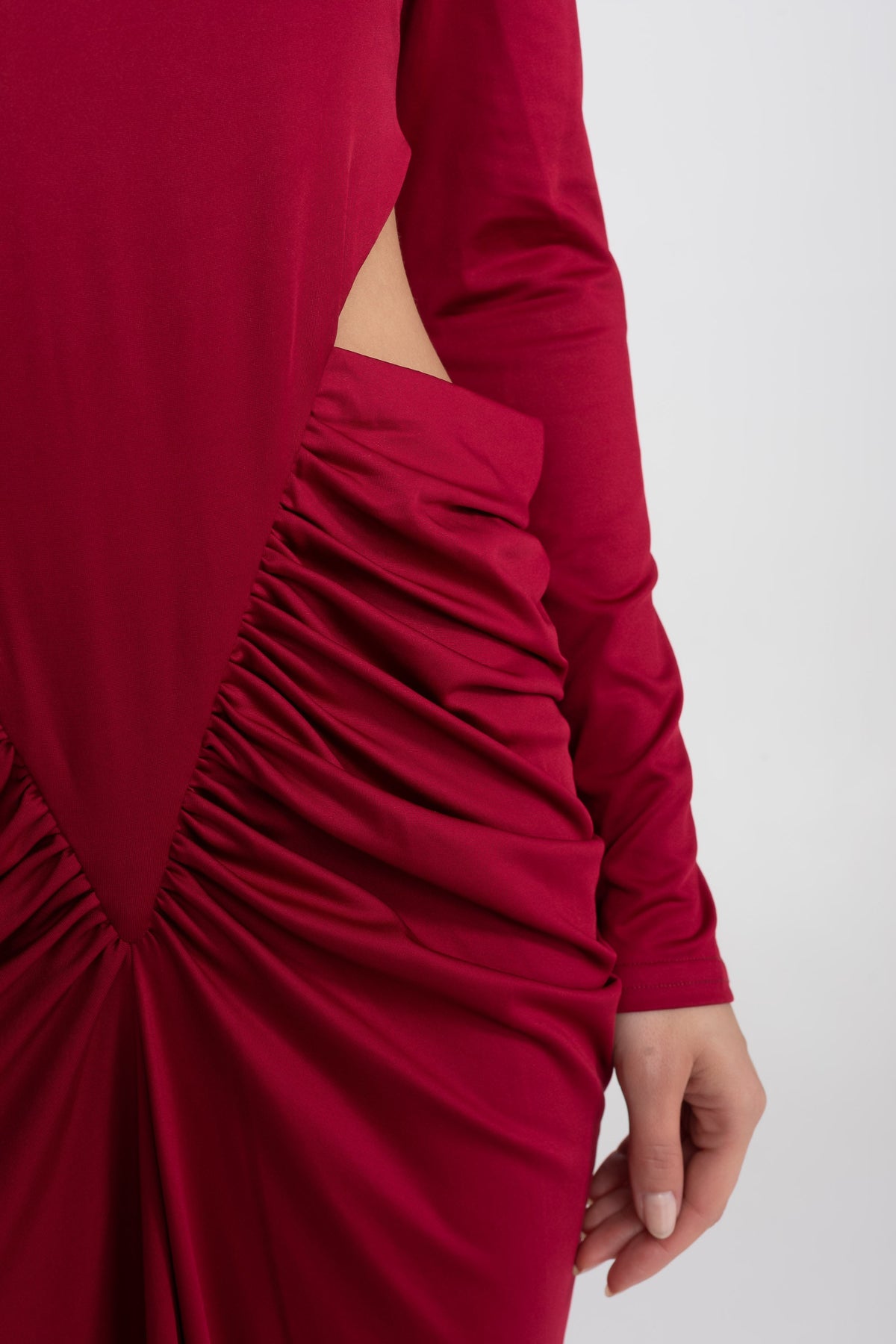 High Neck Long Sleeve Jersey Maxi Dress with Cut-Out Waist – Red – view 4