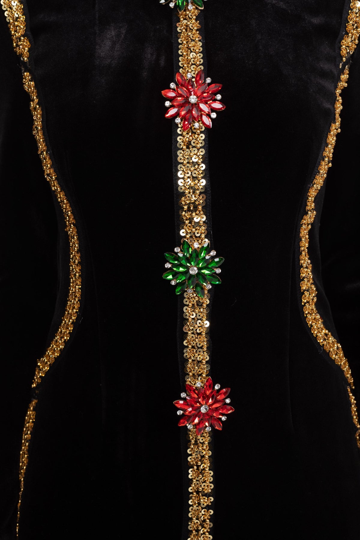 Velvet Column Maxi Dress with Gold Sequin Trim and Crystal Brooches – Black – view 6