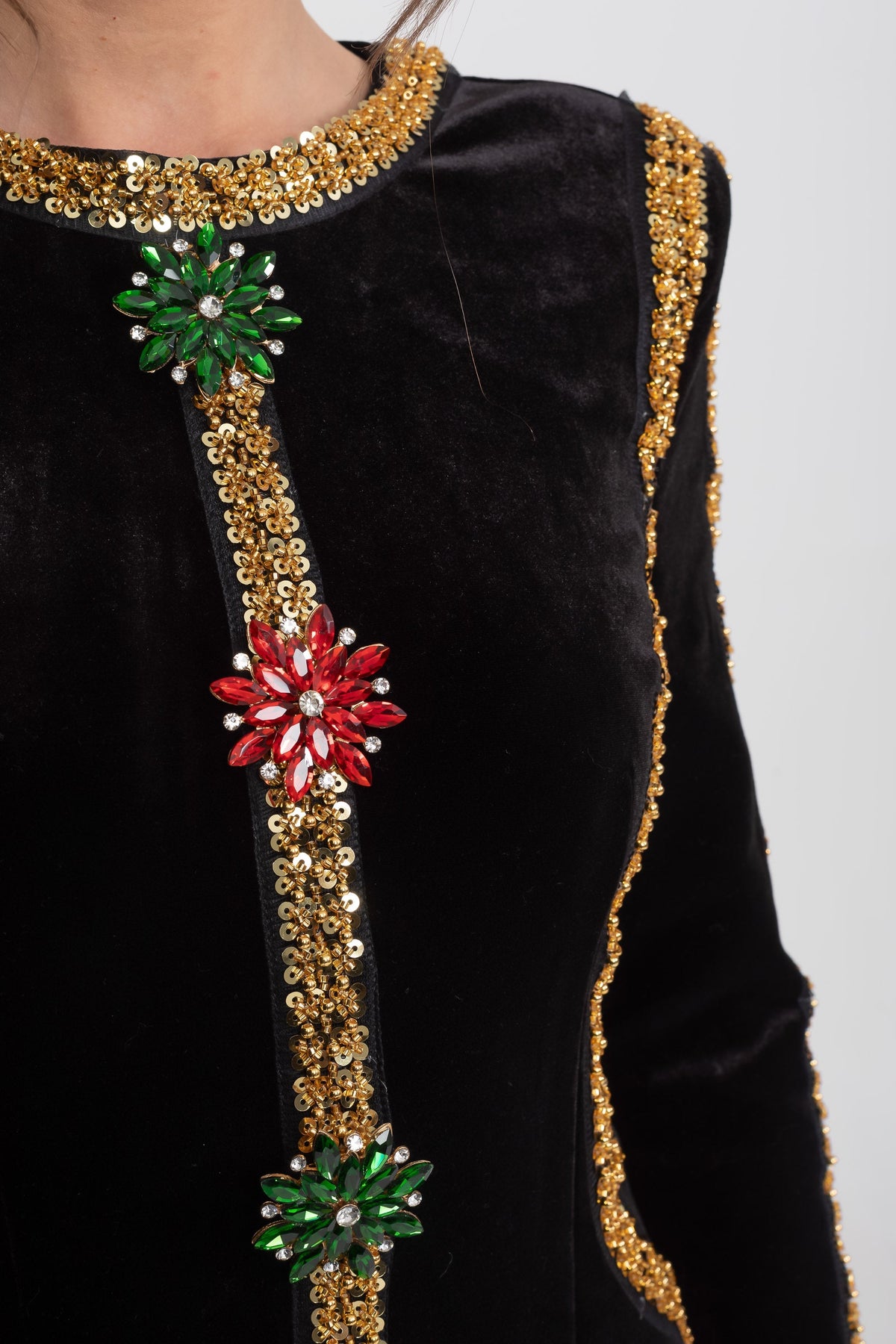 Velvet Column Maxi Dress with Gold Sequin Trim and Crystal Brooches – Black – view 7