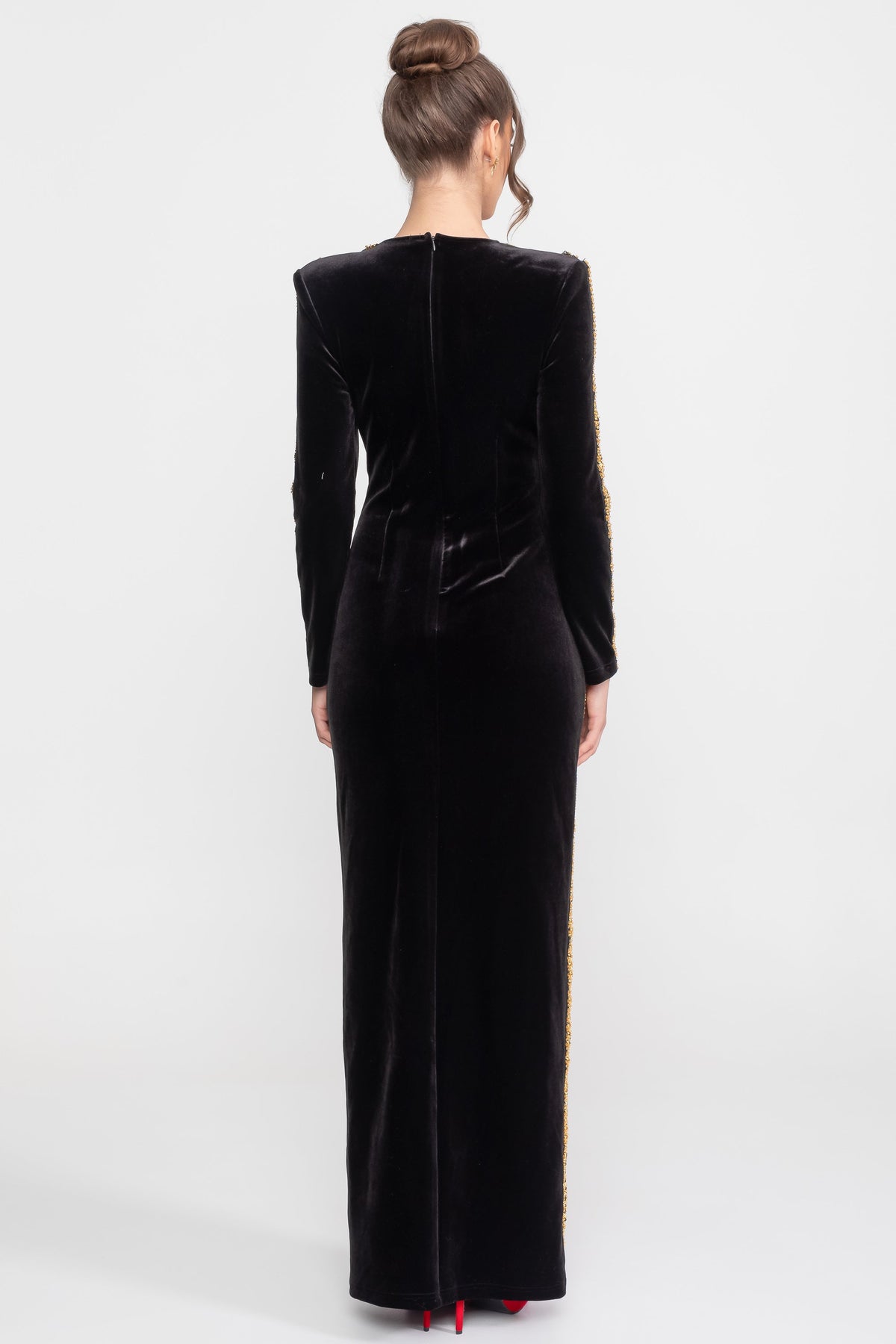 Velvet Column Maxi Dress with Gold Sequin Trim and Crystal Brooches – Black – view 5