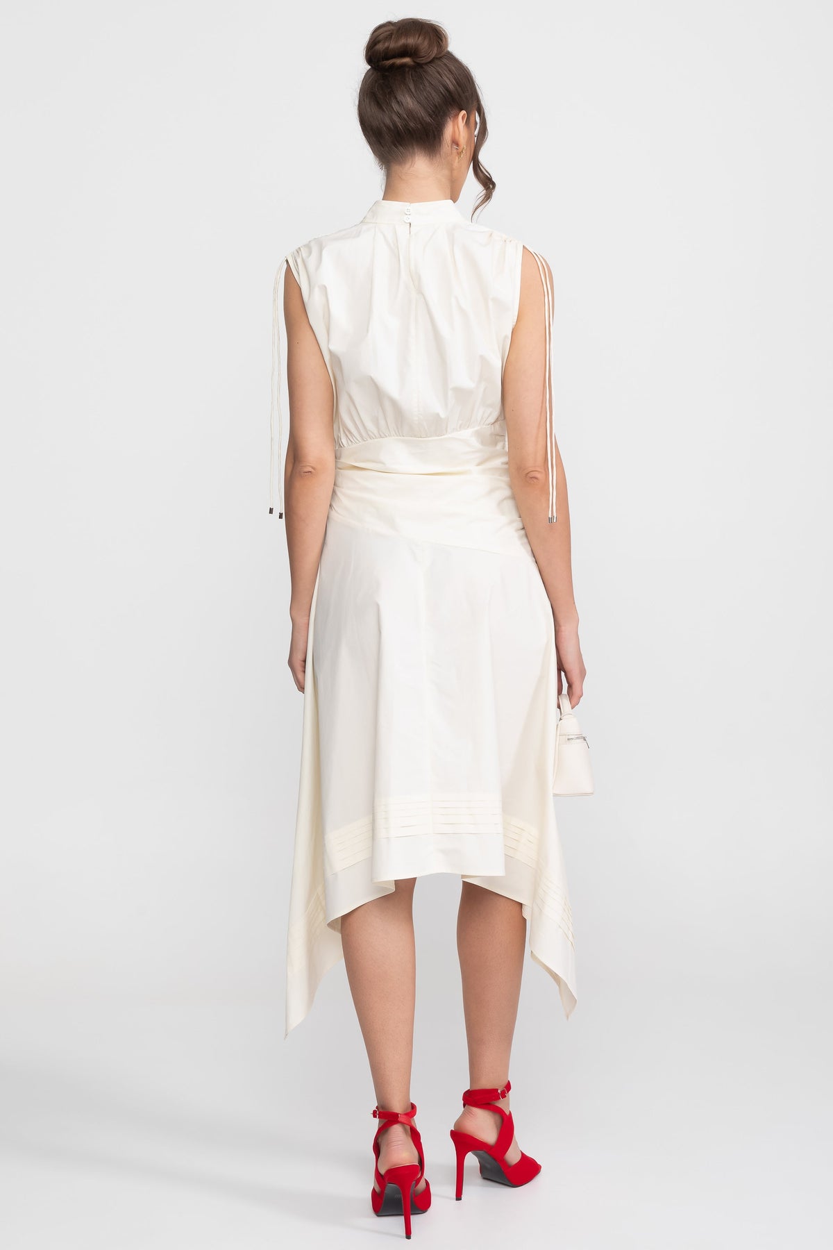 High Neck Ruched Waist Midi Dress with Handkerchief Hem – Ivory – view 6