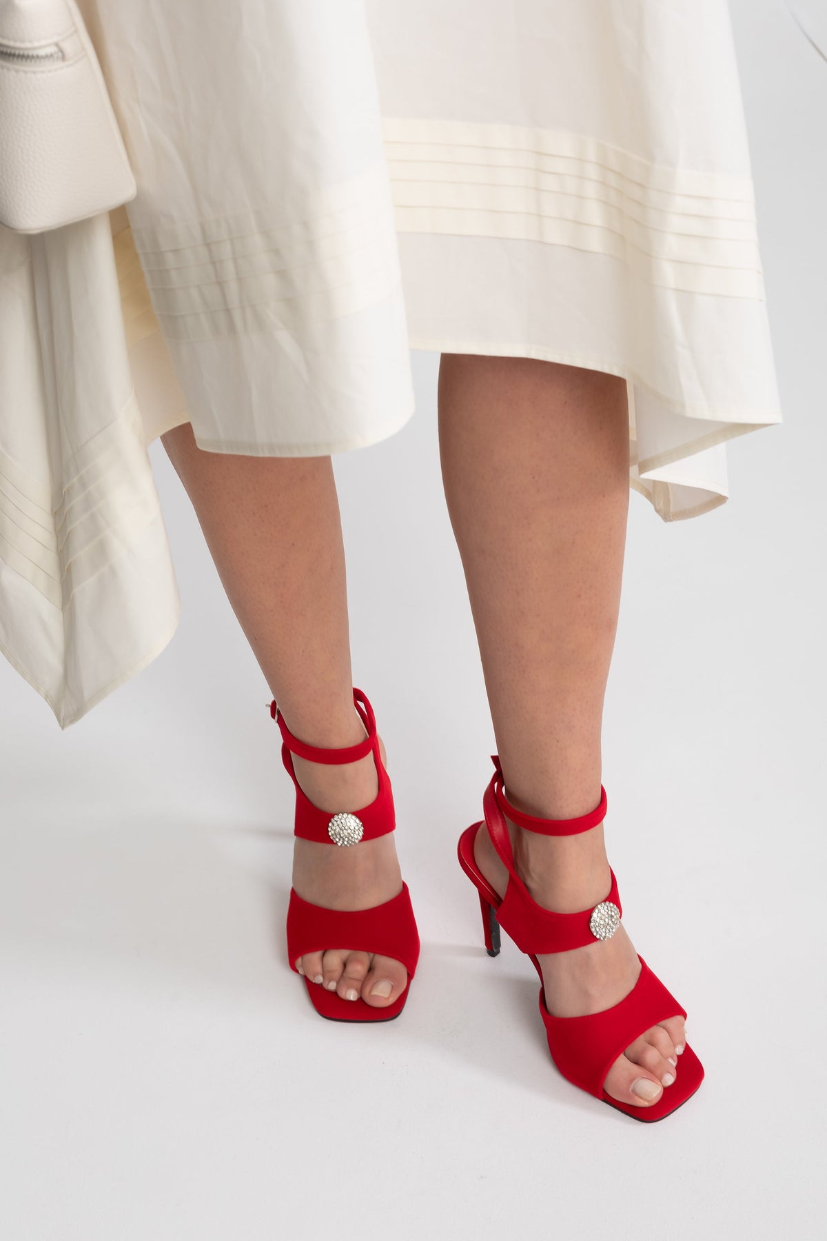 Suede-Effect Stiletto Sandals with Crystal Embellished Strap – Red – view 3