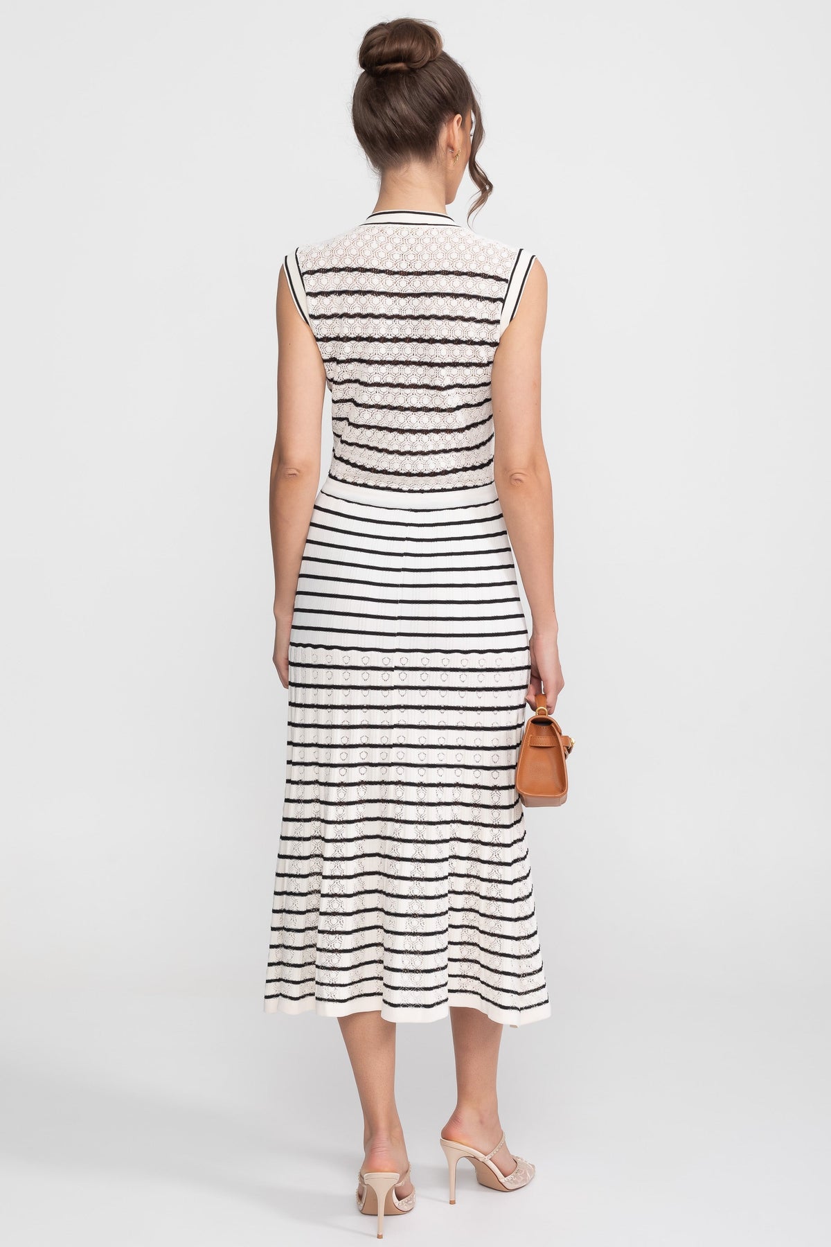 Striped Knit V-Neck Button-Through Midi Dress – White and Black – view 4