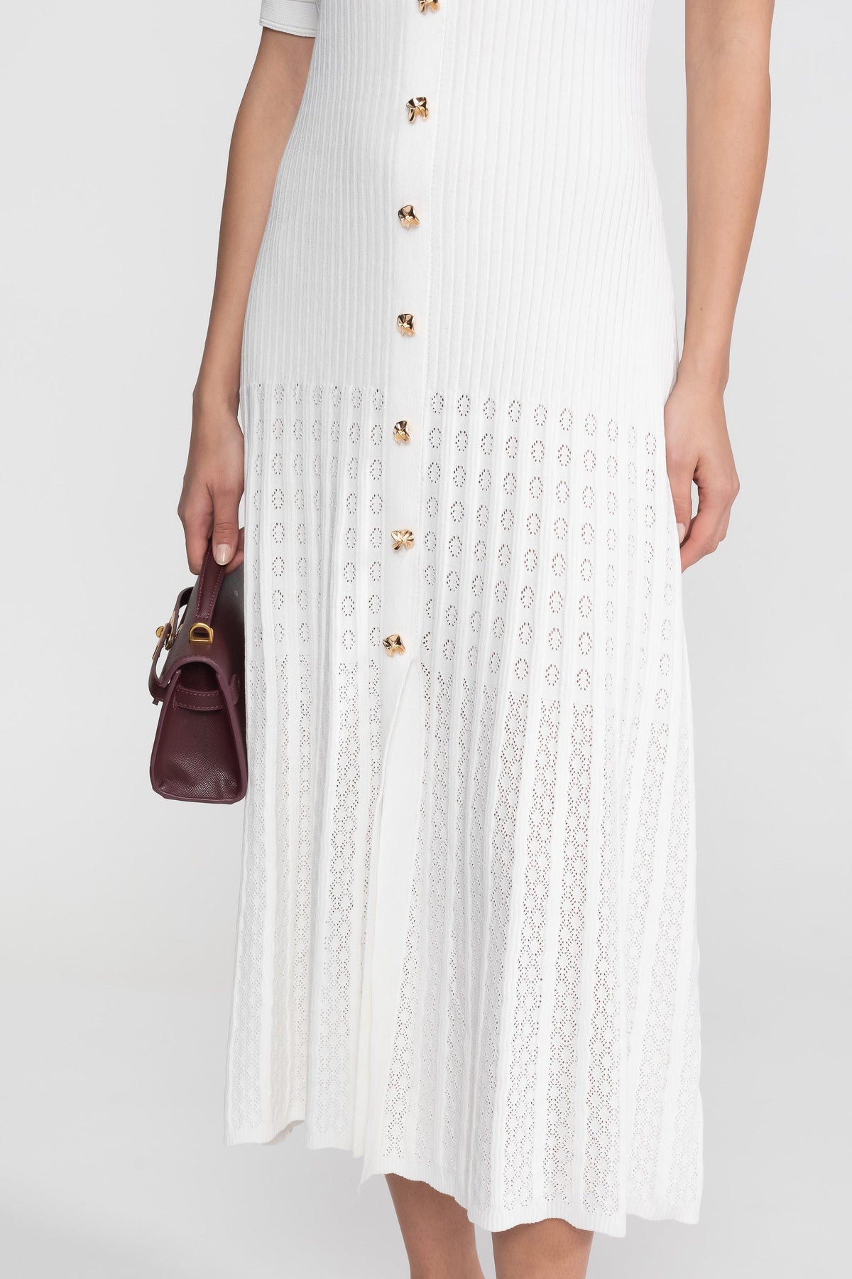 Ribbed Knit Peter Pan Collar Midi Dress with Pleated Skirt – White – view 7
