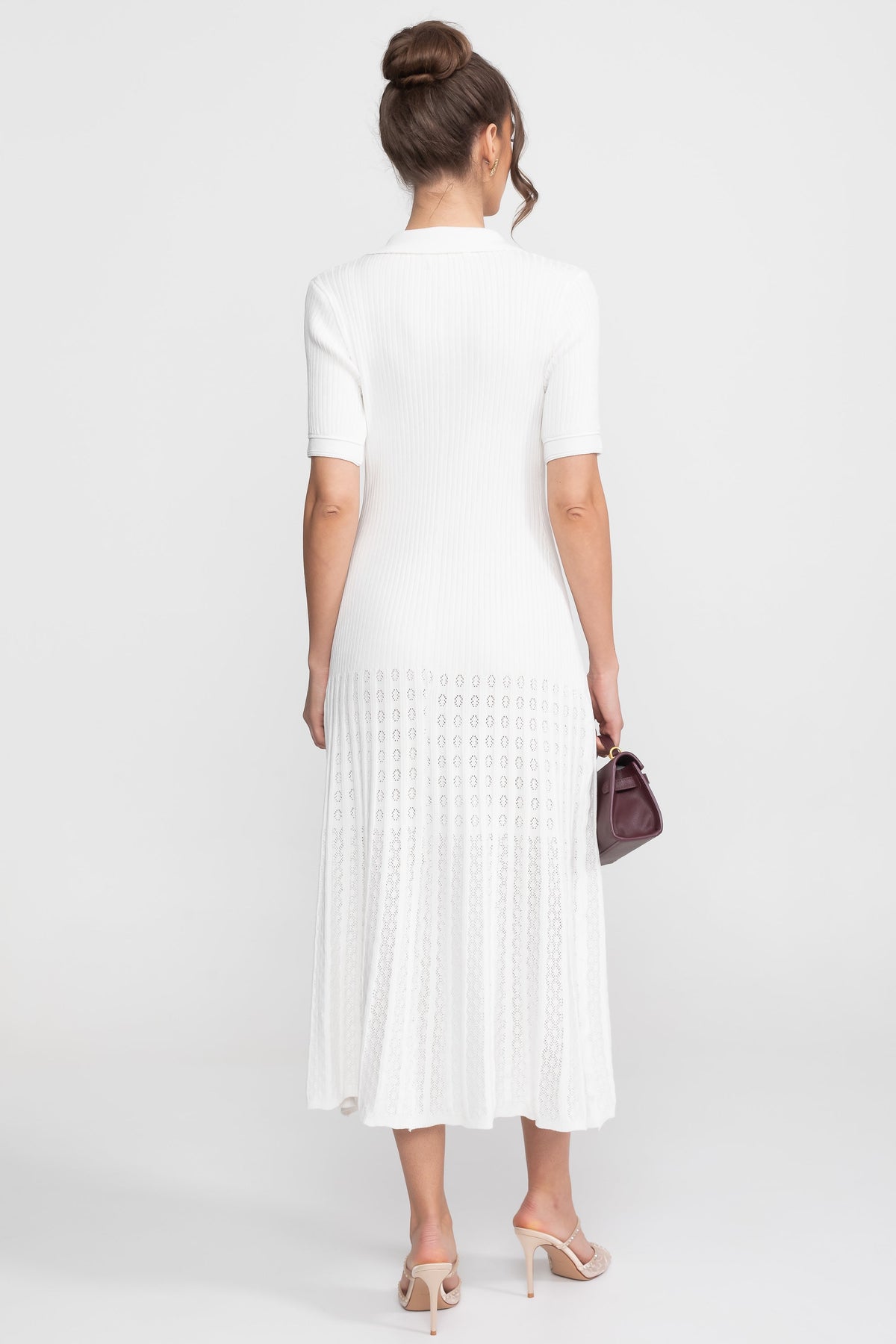 Ribbed Knit Peter Pan Collar Midi Dress with Pleated Skirt – White – view 8