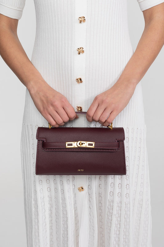Structured Textured Cowhide Leather Mini Top Handle Bag – Burgundy