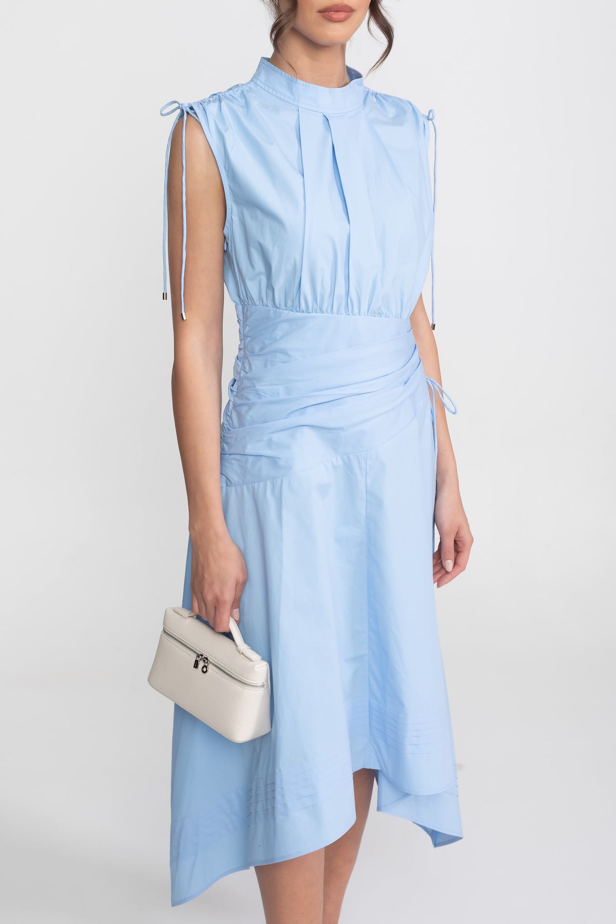 High Neck Ruched Waist Midi Dress with Handkerchief Hem – Light Blue – view 9
