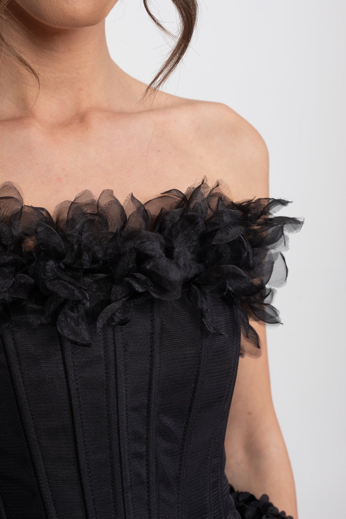 Strapless Boned Corset Mini Dress with 3D Rose Appliqué Skirt – Black