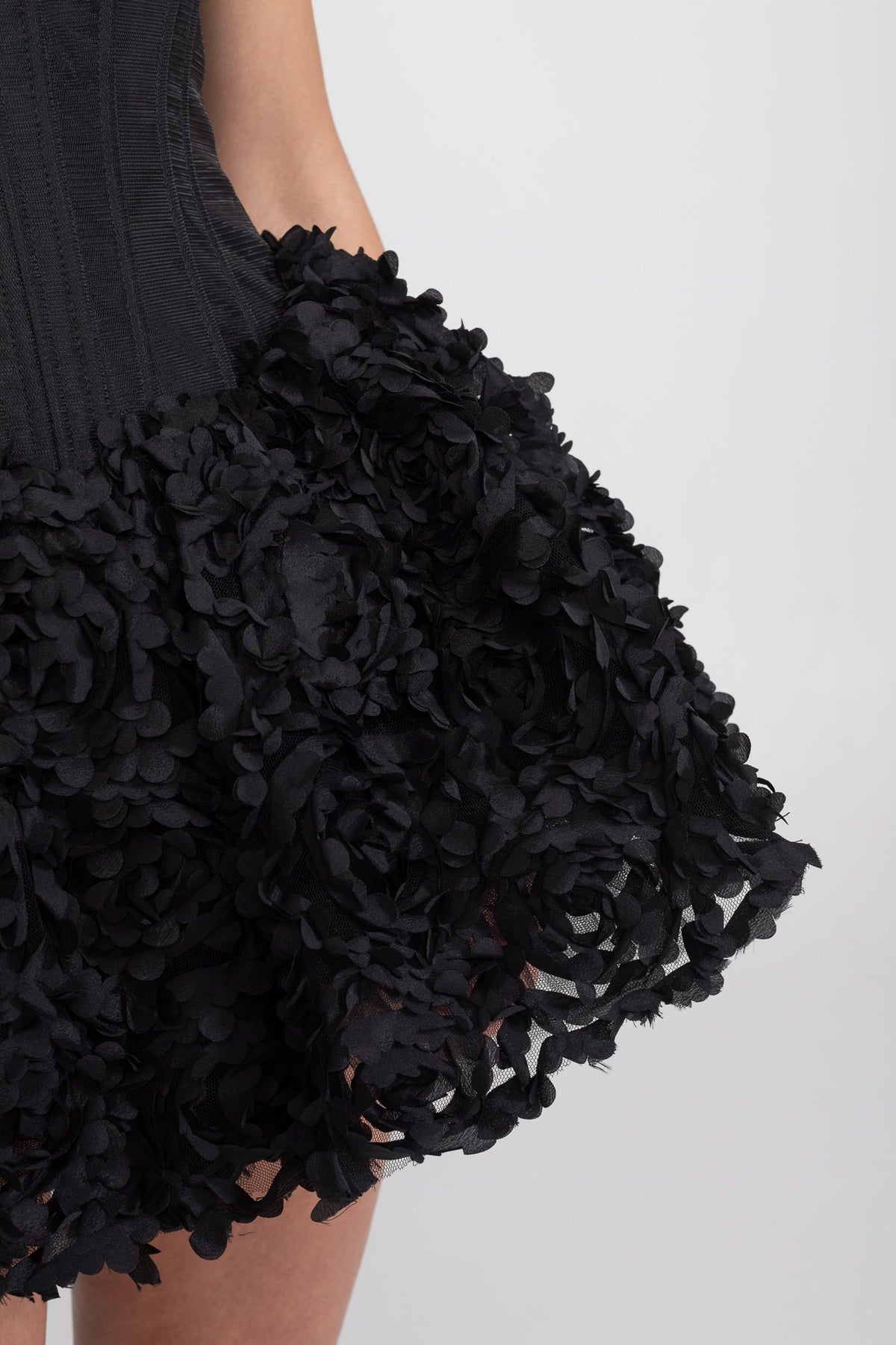Strapless Boned Corset Mini Dress with 3D Rose Appliqué Skirt – Black