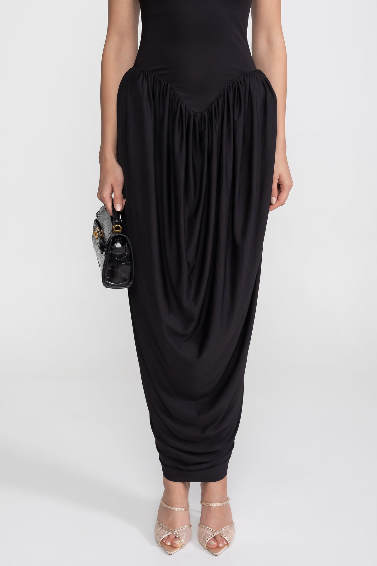 High Halter Neck Fitted Maxi Dress with Gathered Balloon Skirt – Black – view 4