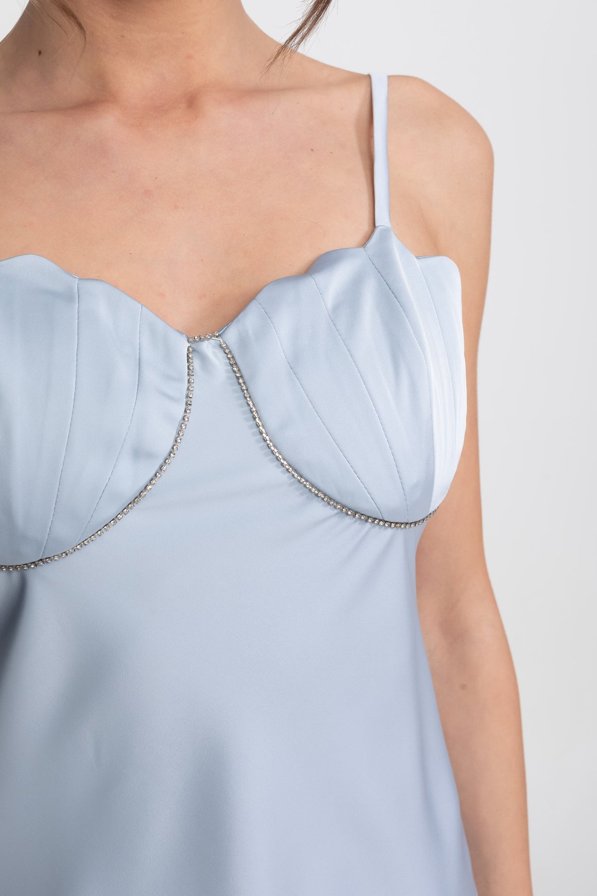 Satin Slip Midi Dress with Sweetheart Bustier Bodice – Light Blue – view 5