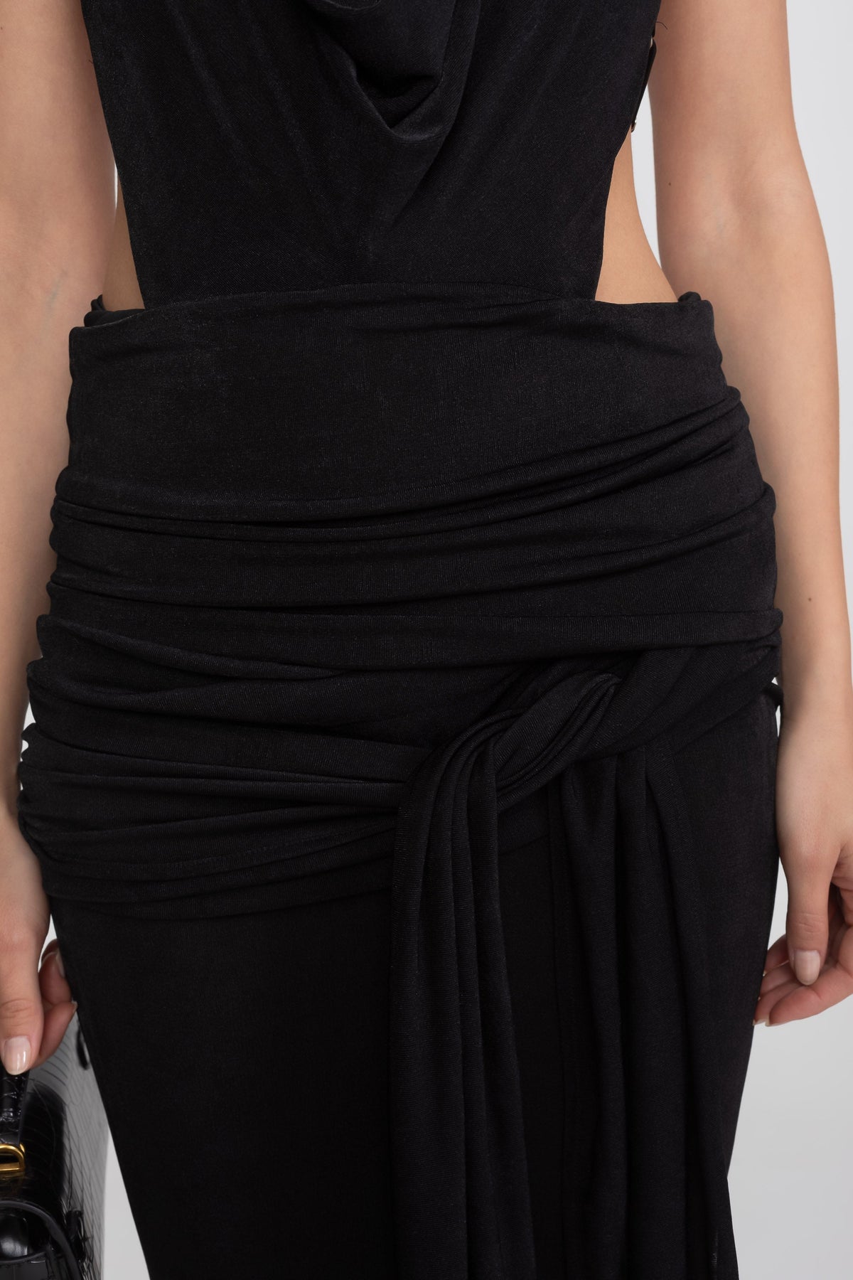 Deep V Halter Ruched Column Gown with Side Tie Sash – Black – view 6