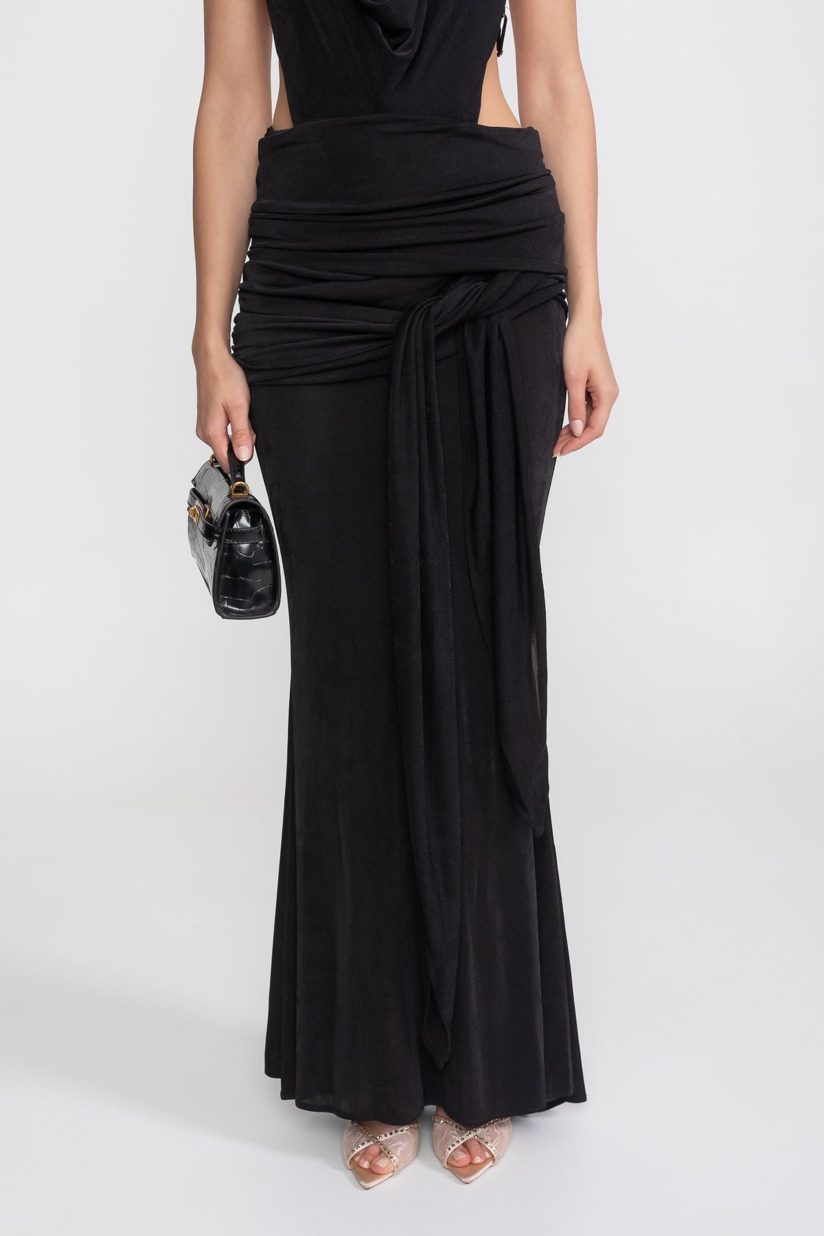 Deep V Halter Ruched Column Gown with Side Tie Sash – Black – view 10
