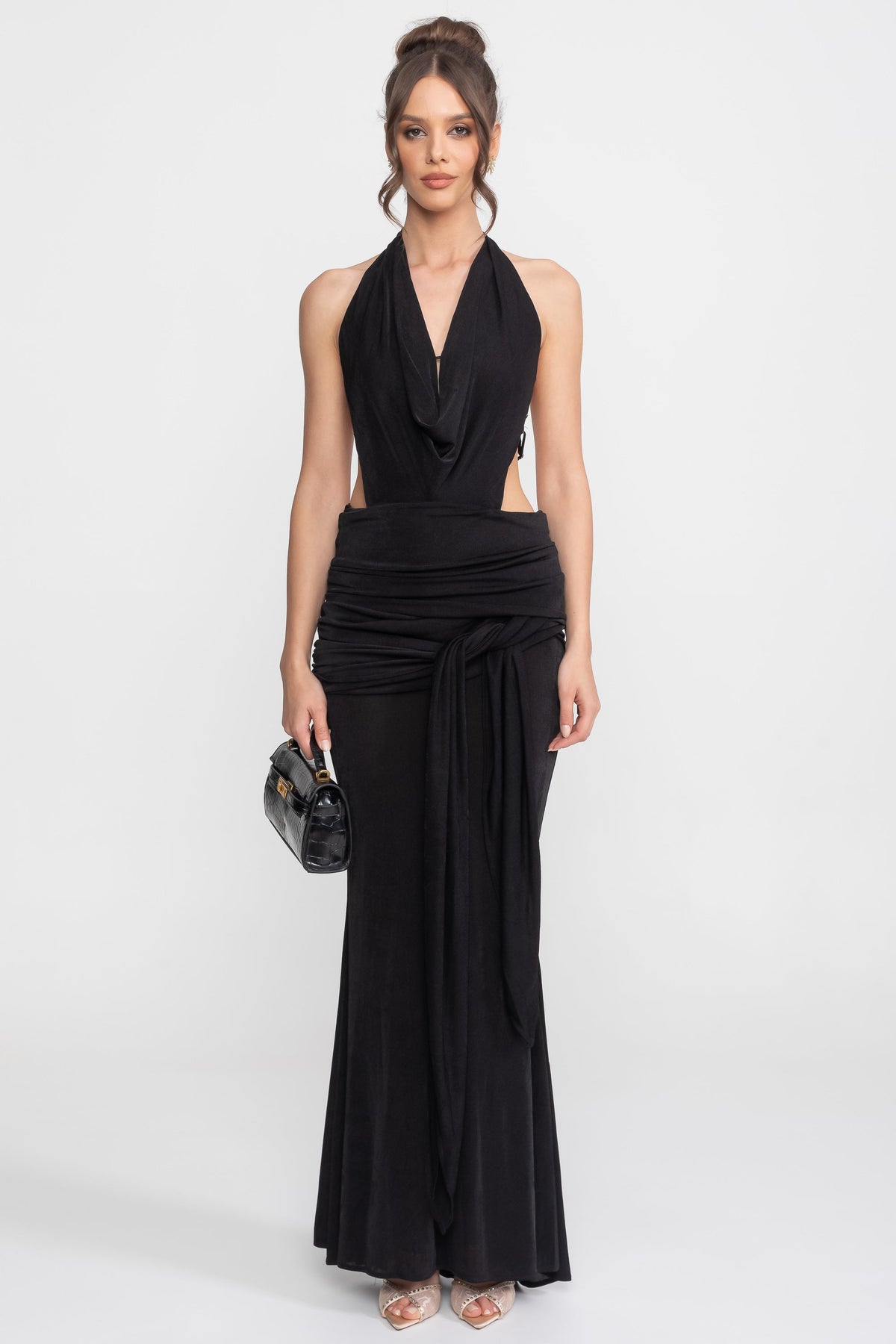 Deep V Halter Ruched Column Gown with Side Tie Sash – Black – view 1