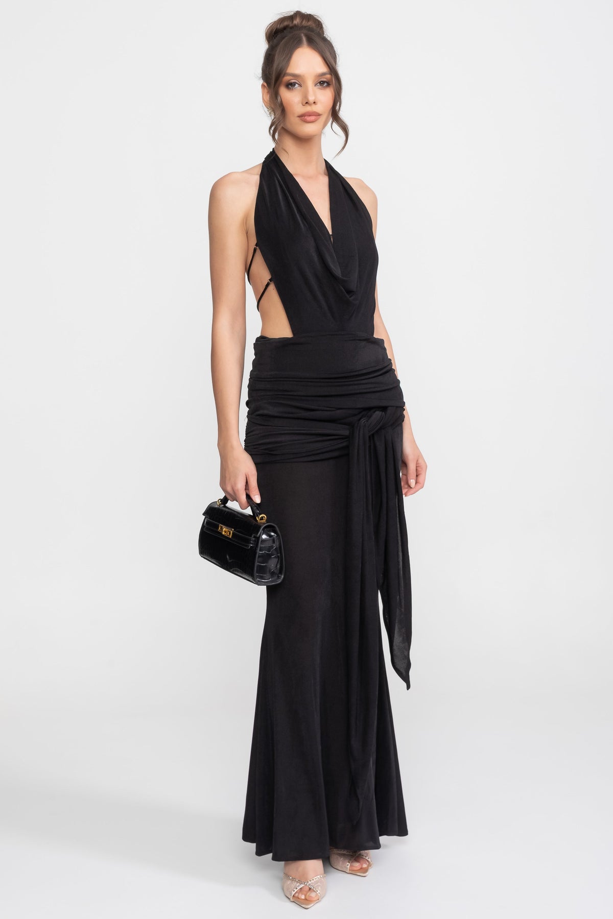 Deep V Halter Ruched Column Gown with Side Tie Sash – Black – view 2