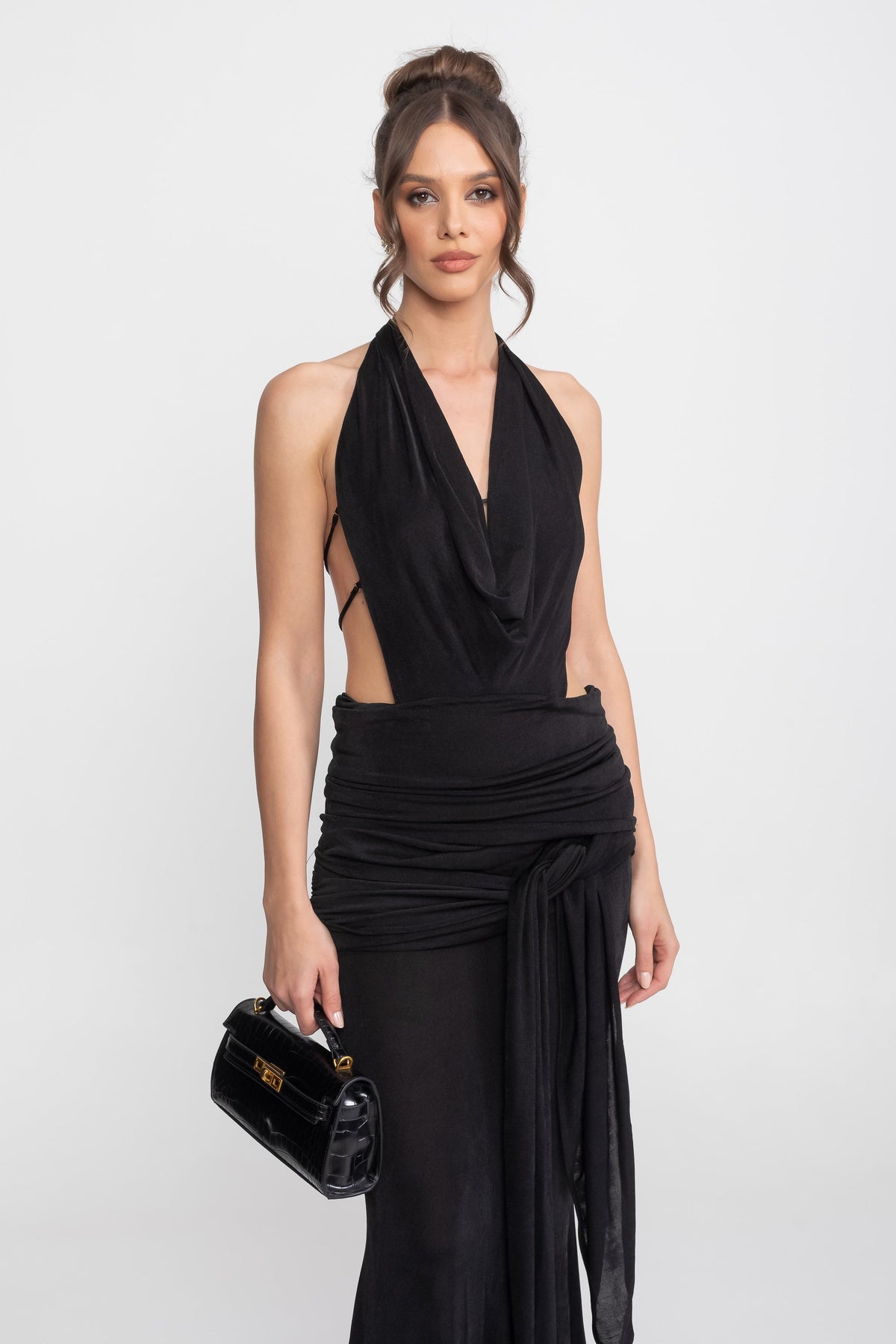 Deep V Halter Ruched Column Gown with Side Tie Sash – Black – view 4