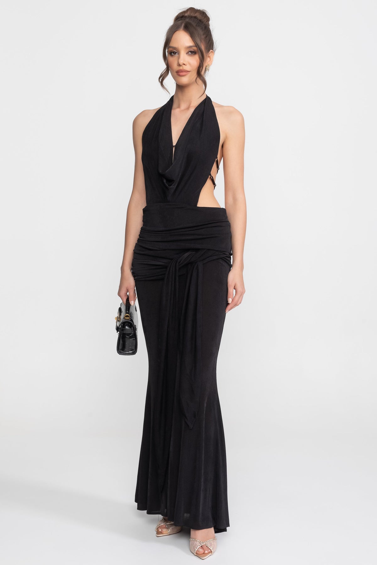 Deep V Halter Ruched Column Gown with Side Tie Sash – Black – view 3