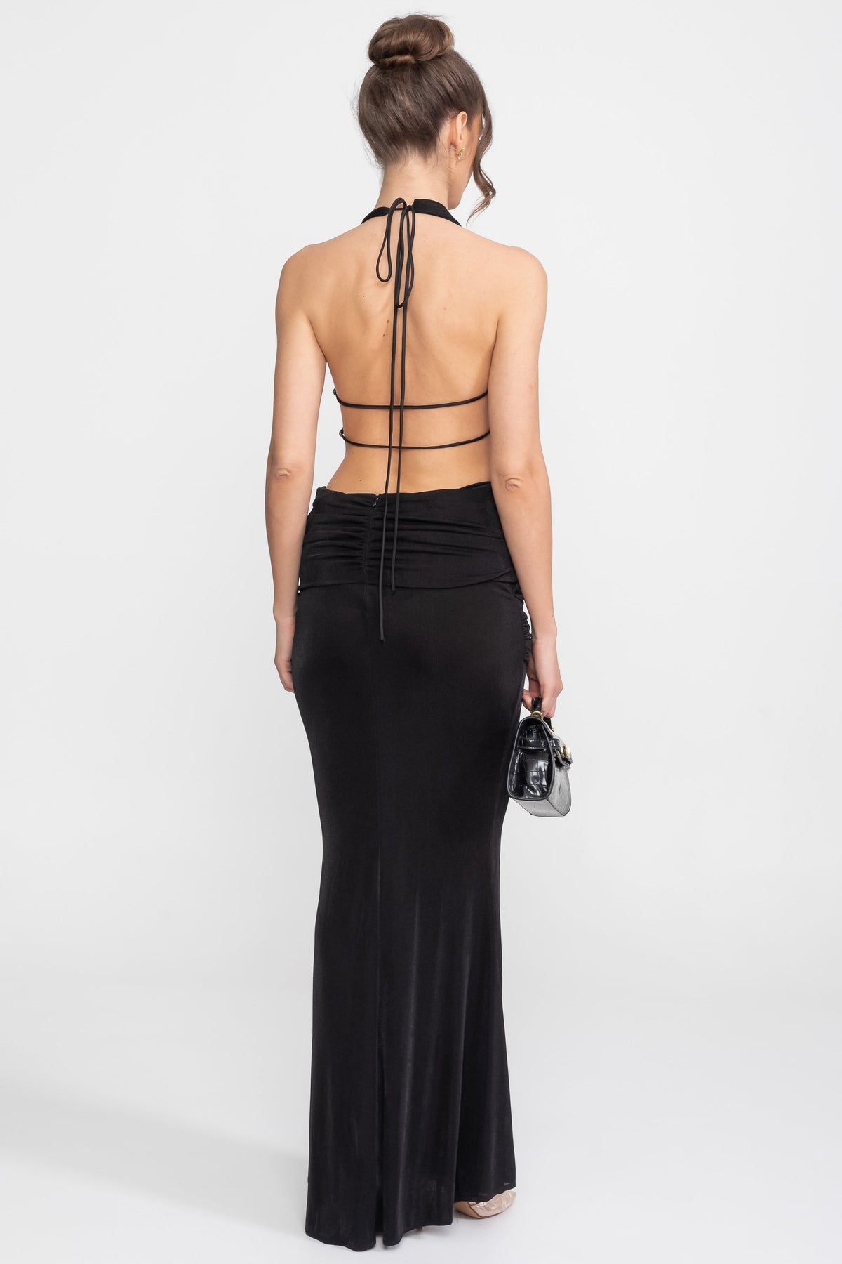 Deep V Halter Ruched Column Gown with Side Tie Sash – Black – view 13