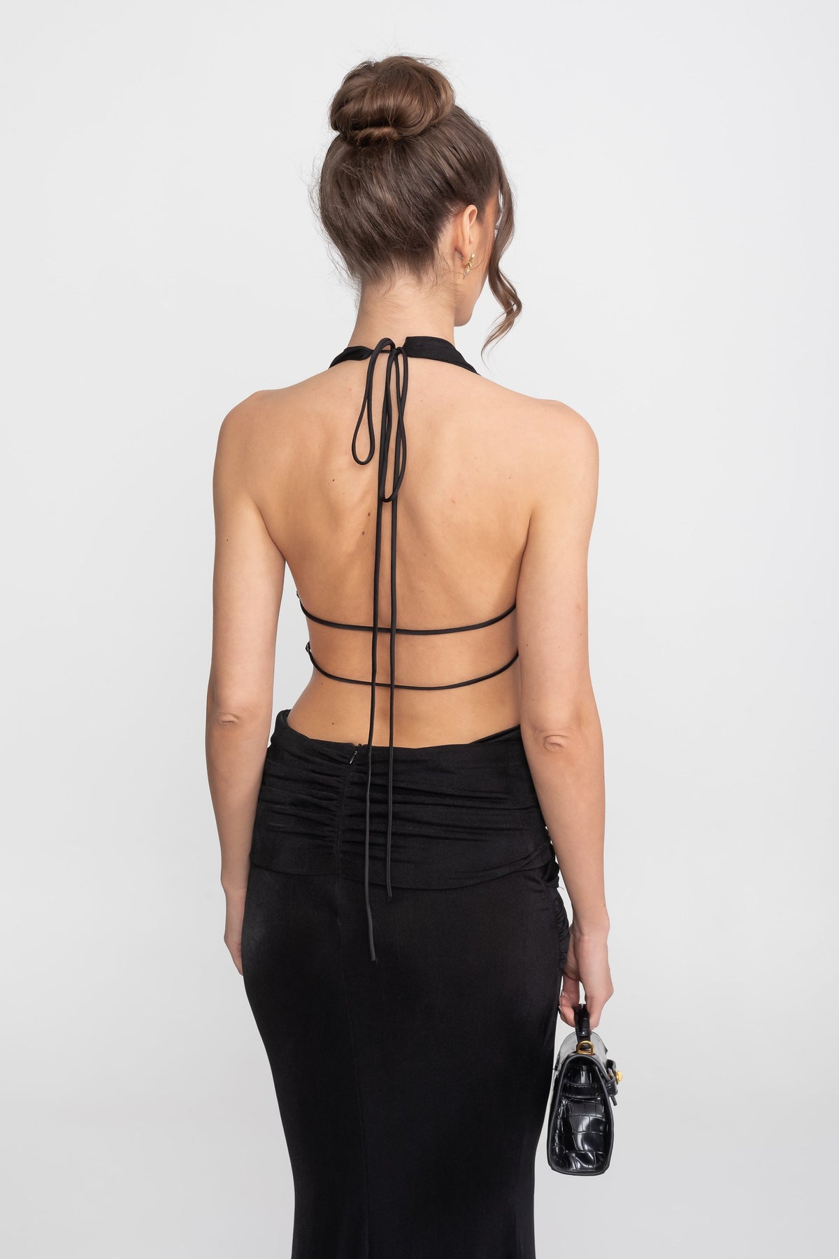 Deep V Halter Ruched Column Gown with Side Tie Sash – Black – view 12