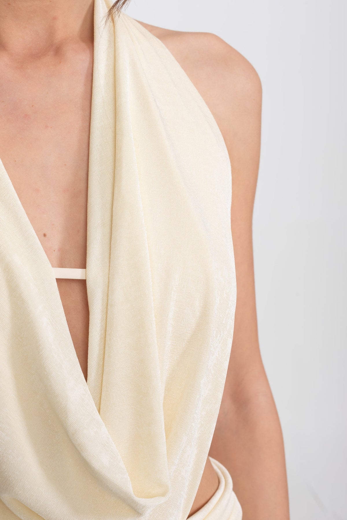 Draped Halter Gown with Ruched Side Tie Detail – Ivory – view 10