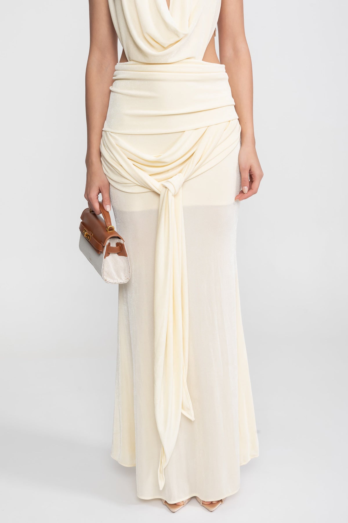 Draped Halter Gown with Ruched Side Tie Detail – Ivory – view 11