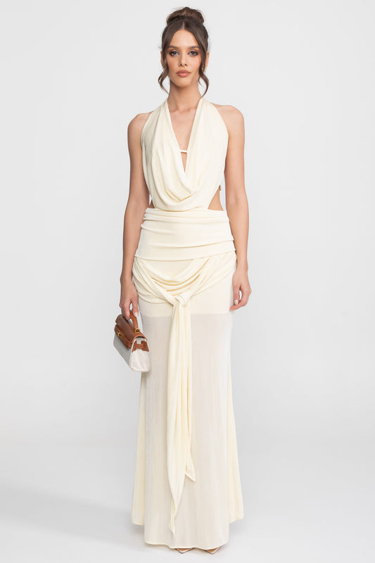 Draped Halter Gown with Ruched Side Tie Detail – Ivory – view 2
