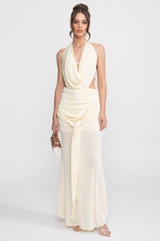 Draped Halter Gown with Ruched Side Tie Detail – Ivory