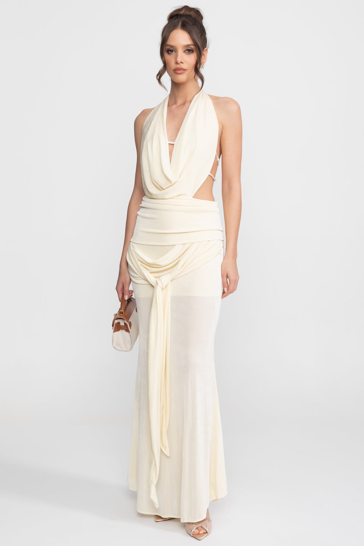 Draped Halter Gown with Ruched Side Tie Detail – Ivory – view 4