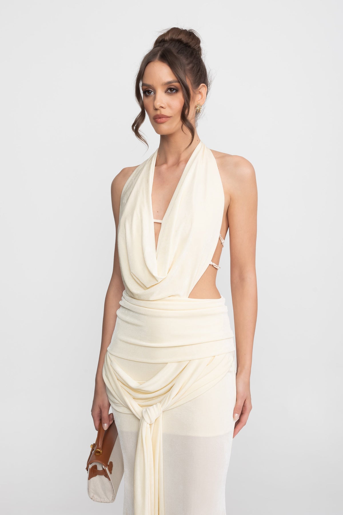 Draped Halter Gown with Ruched Side Tie Detail – Ivory – view 5
