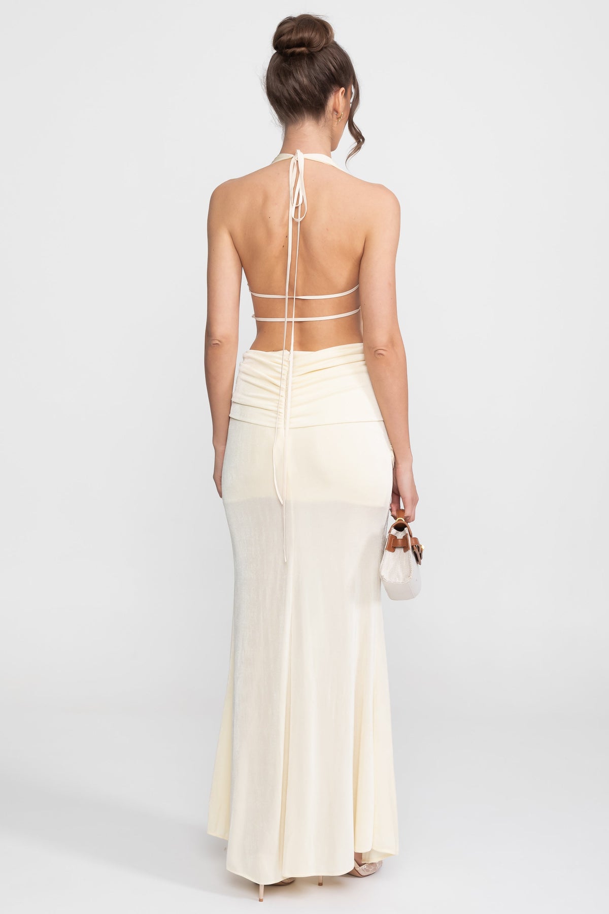 Draped Halter Gown with Ruched Side Tie Detail – Ivory – view 13