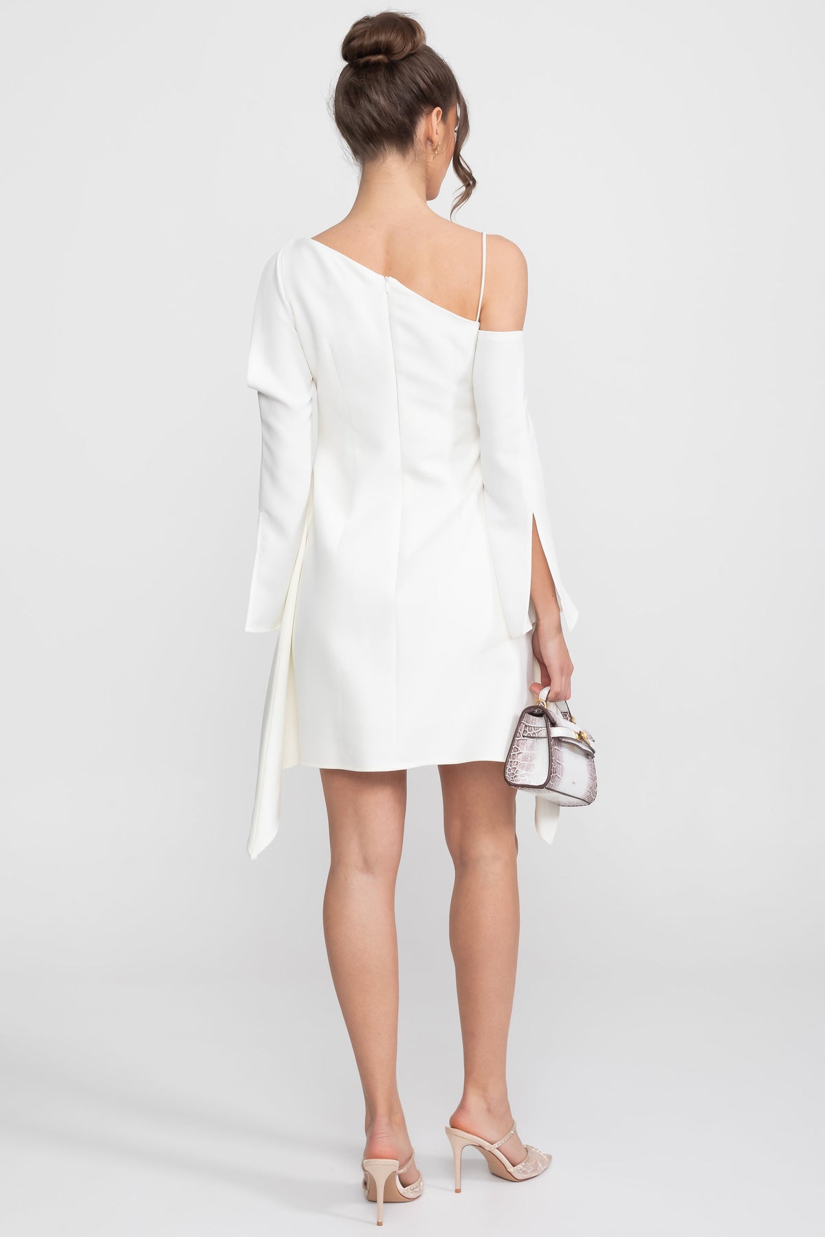Asymmetric Cold-Shoulder A-Line Mini Dress with Gold Brooch – White