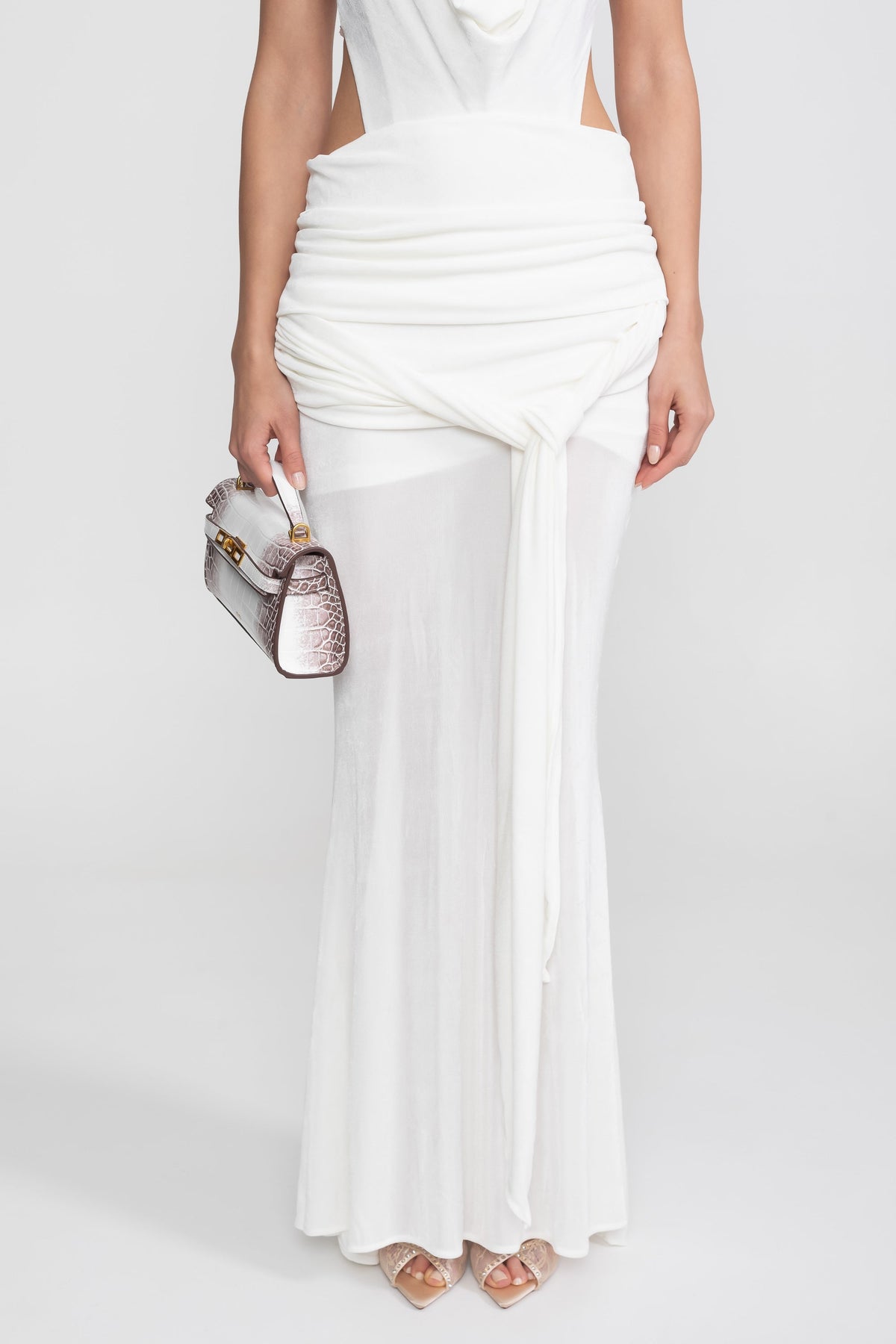 Ruched Deep V Halter Maxi Gown with Trailing Waist Sash – White – view 7