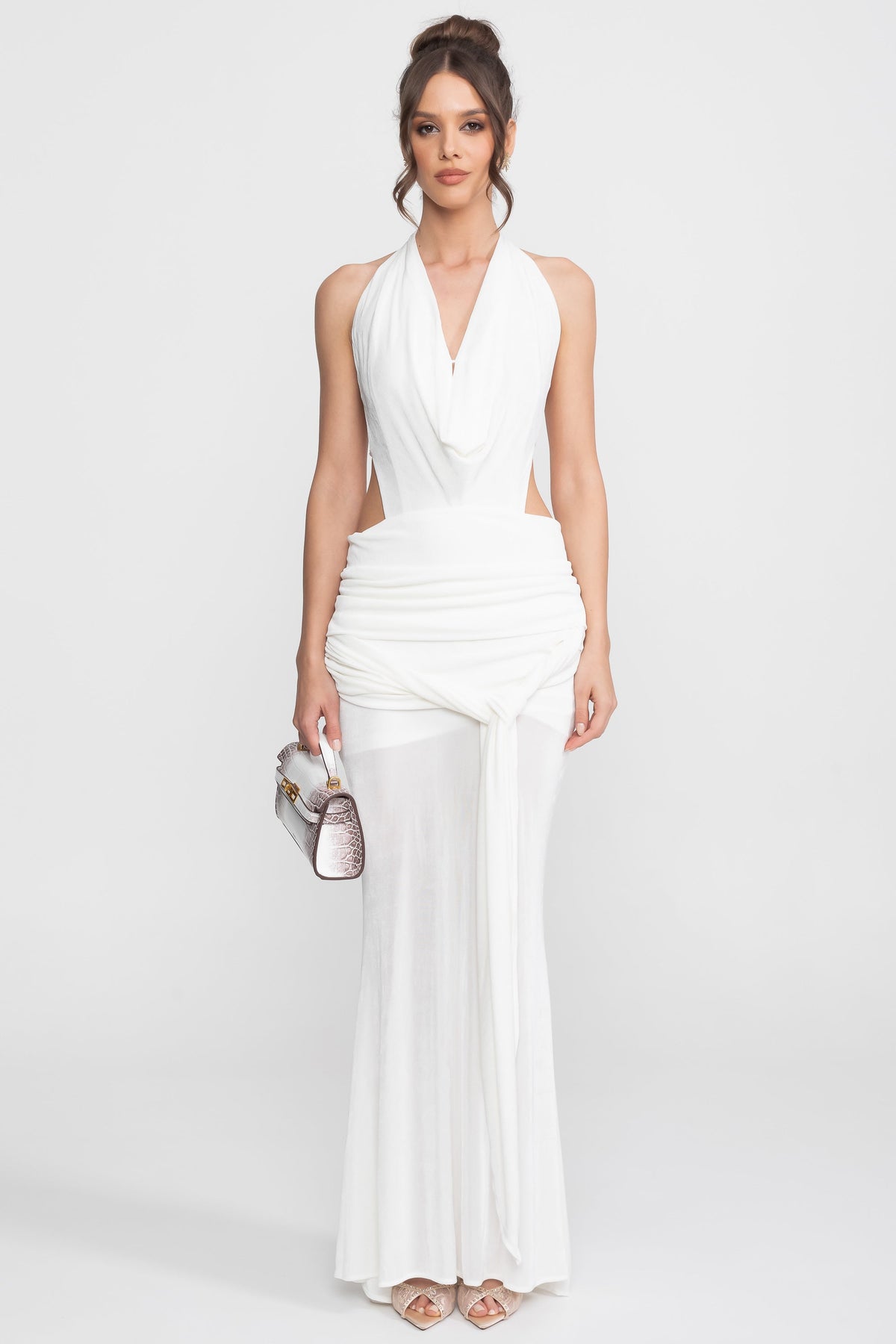 Ruched Deep V Halter Maxi Gown with Trailing Waist Sash – White