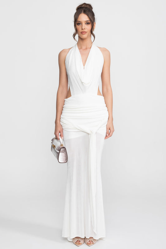 Ruched Deep V Halter Maxi Gown with Trailing Waist Sash – White