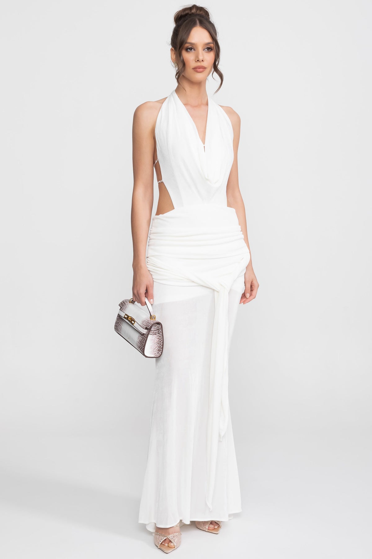 Ruched Deep V Halter Maxi Gown with Trailing Waist Sash – White – view 8