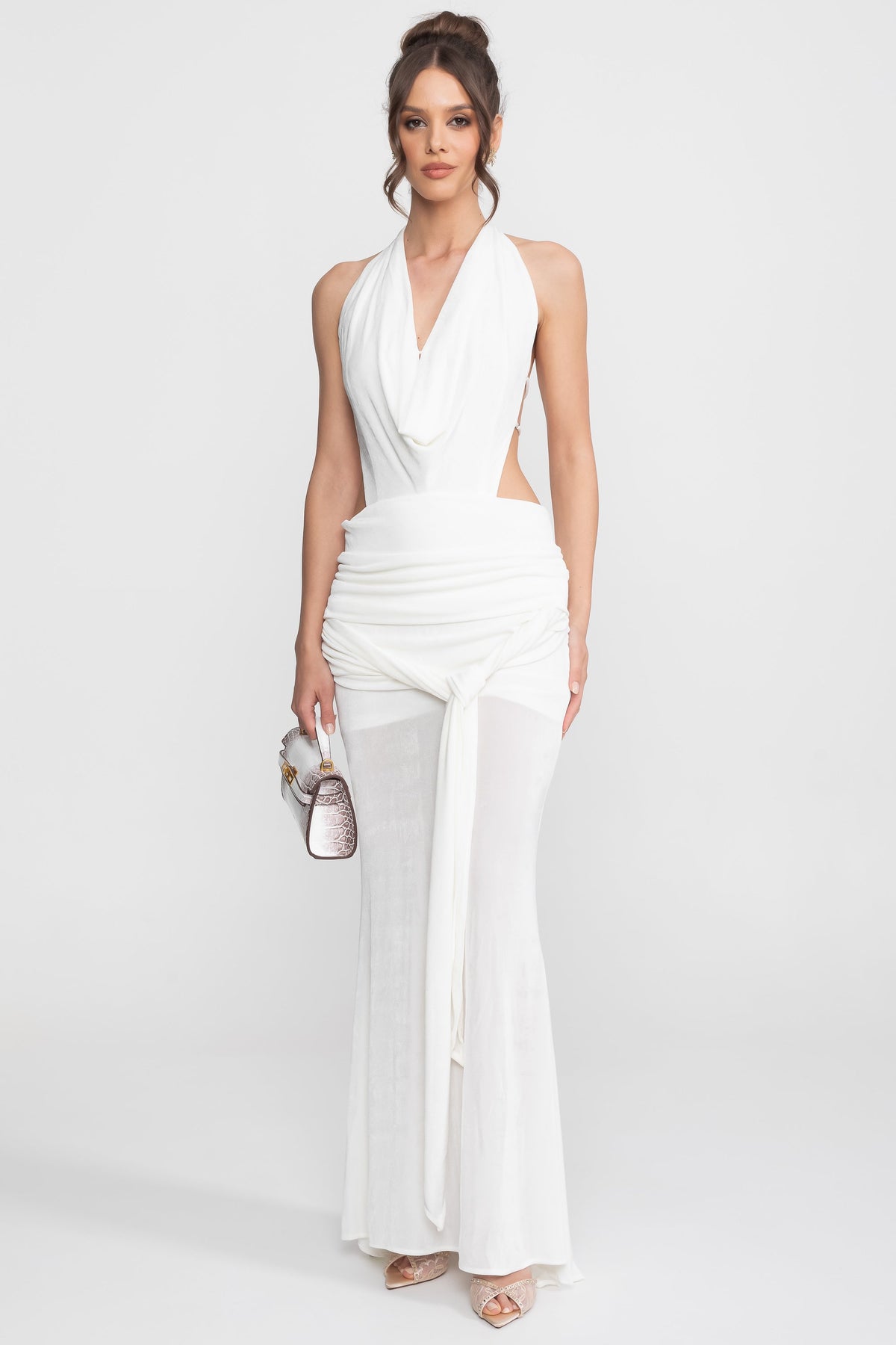 Ruched Deep V Halter Maxi Gown with Trailing Waist Sash – White – view 10