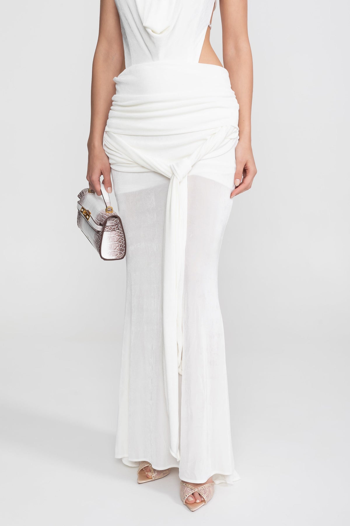 Ruched Deep V Halter Maxi Gown with Trailing Waist Sash – White – view 13
