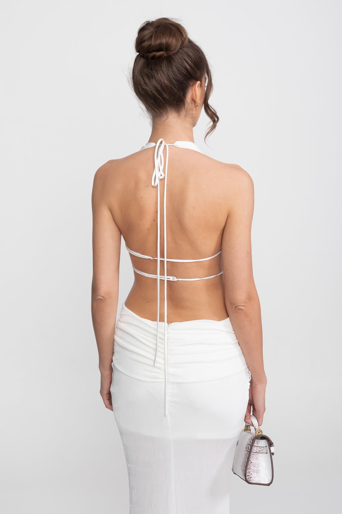 Ruched Deep V Halter Maxi Gown with Trailing Waist Sash – White – view 14