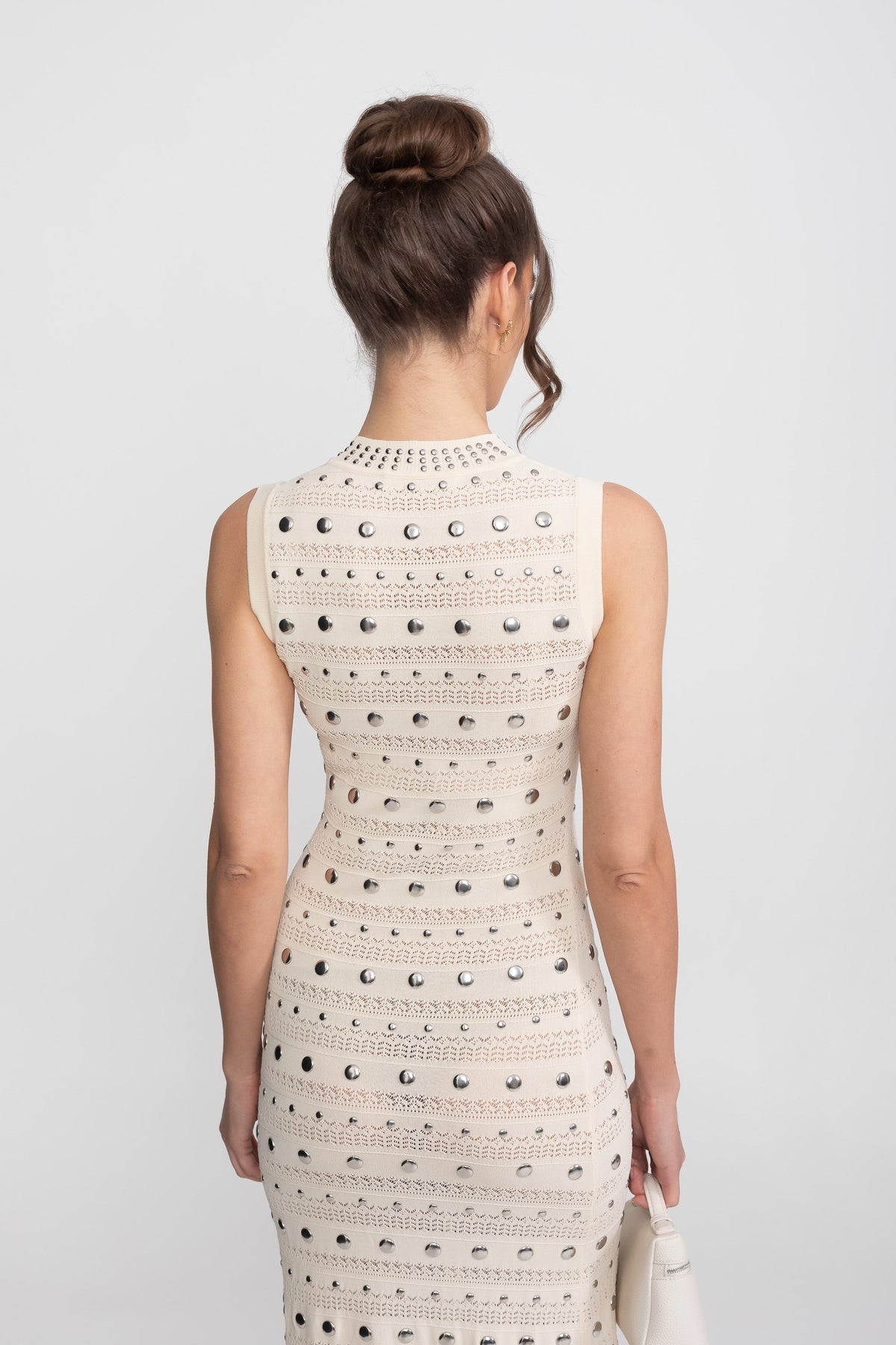 Embellished Open-Knit Mock Neck Sleeveless Midi Dress – Cream