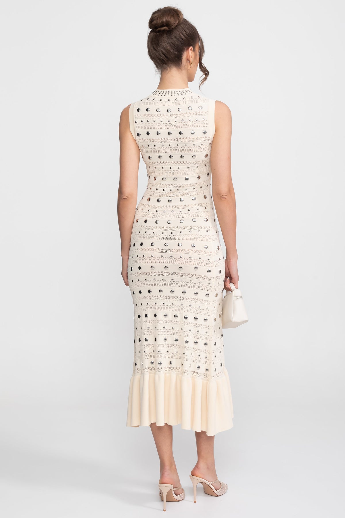Embellished Open-Knit Mock Neck Sleeveless Midi Dress – Cream