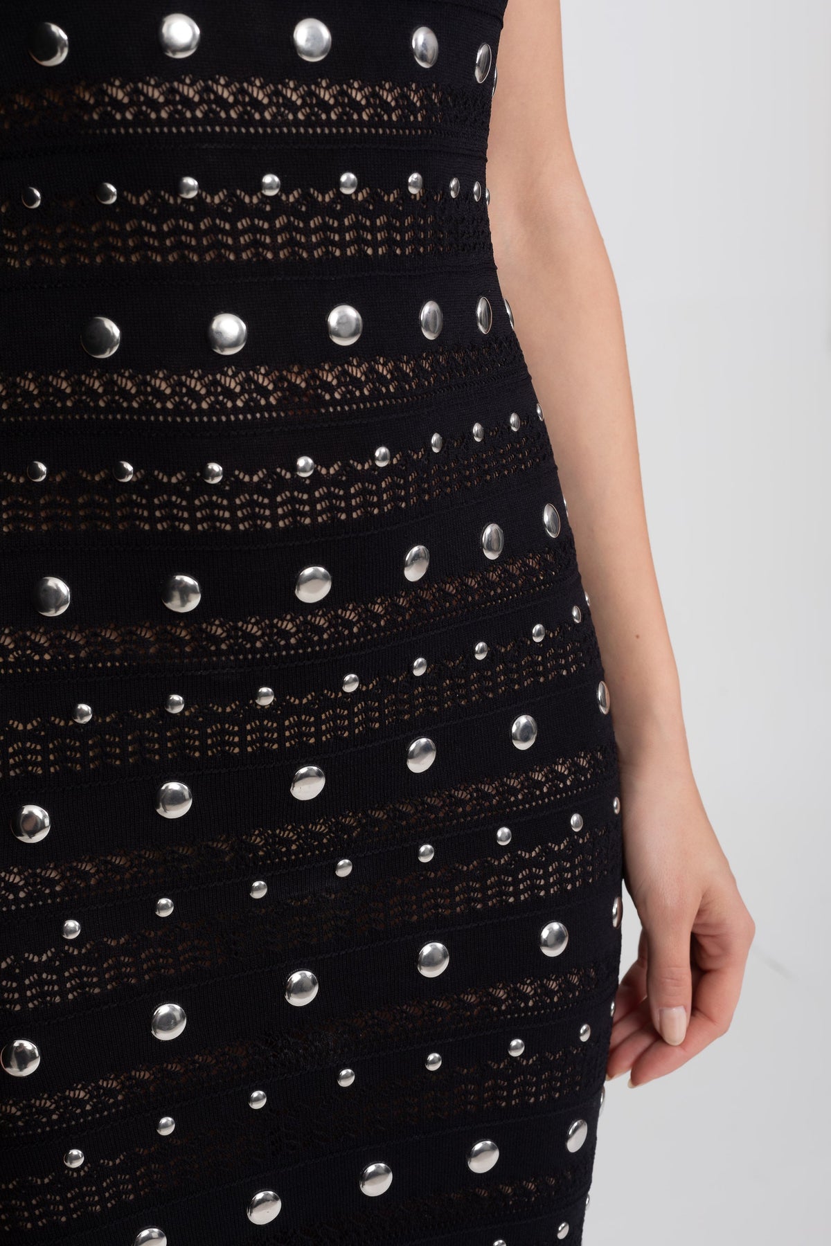 Sleeveless Mock Neck Embellished Knit Midi Dress with Ruffle Hem – Black – view 4
