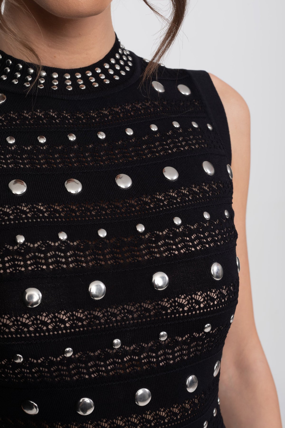 Sleeveless Mock Neck Embellished Knit Midi Dress with Ruffle Hem – Black – view 5
