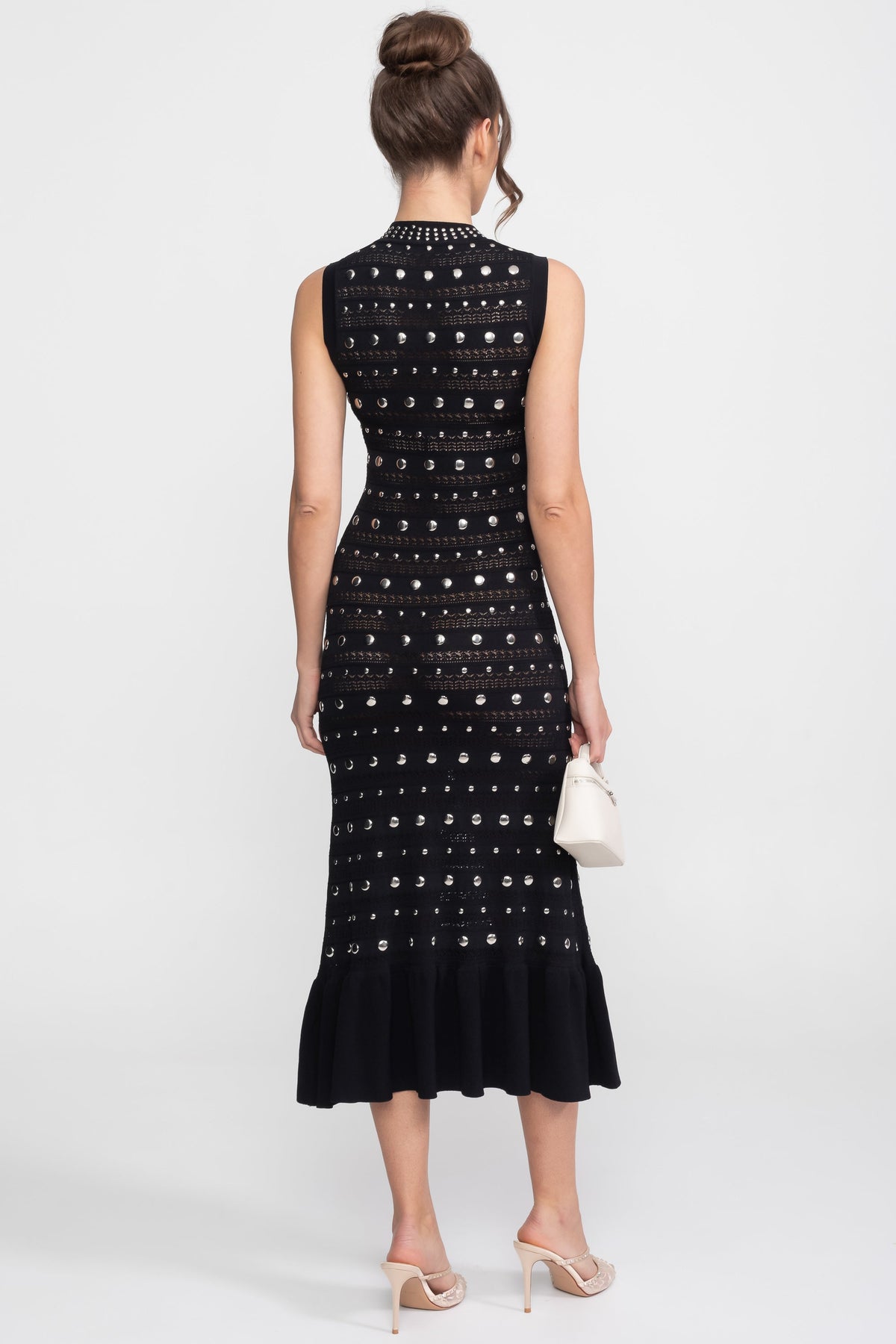 Sleeveless Mock Neck Embellished Knit Midi Dress with Ruffle Hem – Black – view 6
