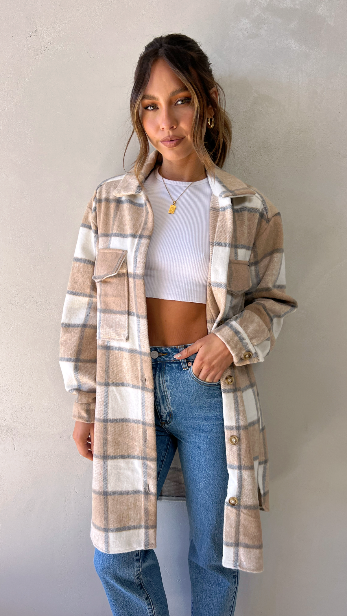 Saskia Oversized Longline Collared Jacket – Beige/Cream Check – view 1