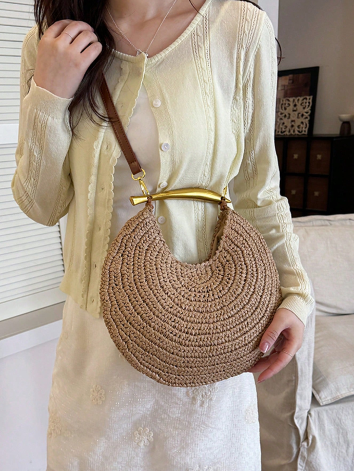 Sophia Woven Straw Underarm Bag with Sequined Handle and Chain – view 3