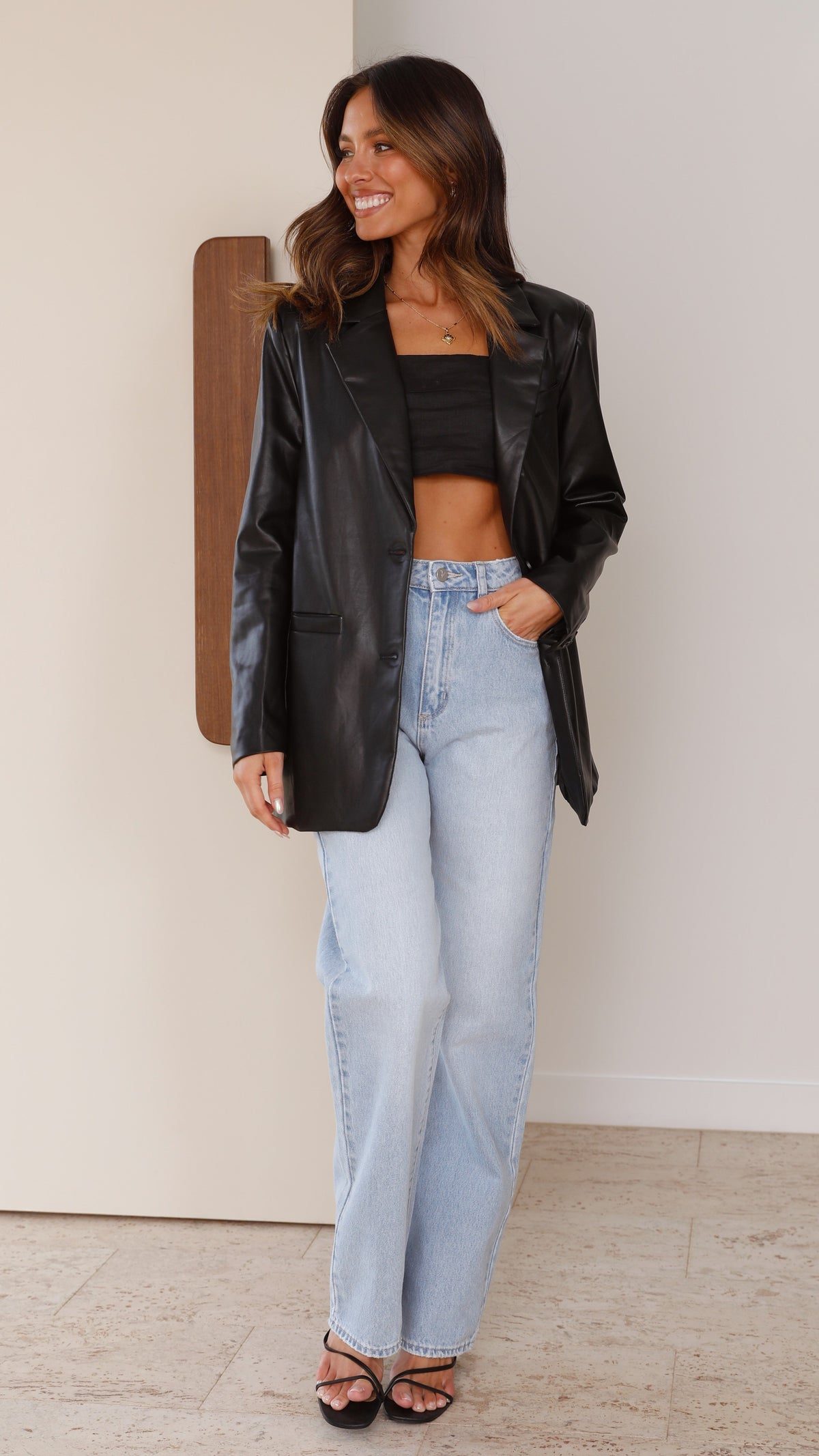 Belinda Oversized Faux Leather Blazer with Button Front – Black – view 4