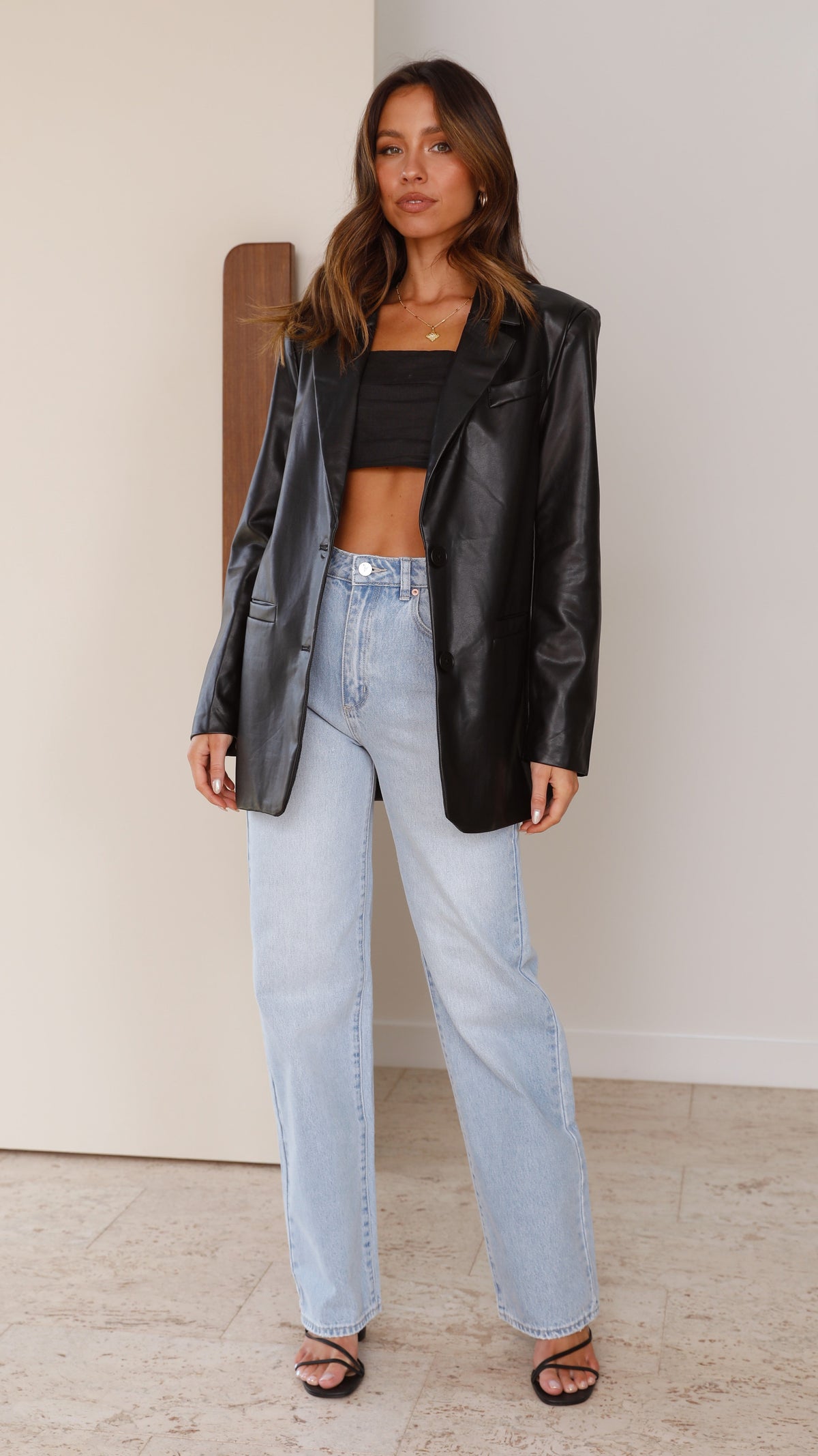 Belinda Oversized Faux Leather Blazer with Button Front – Black – view 5