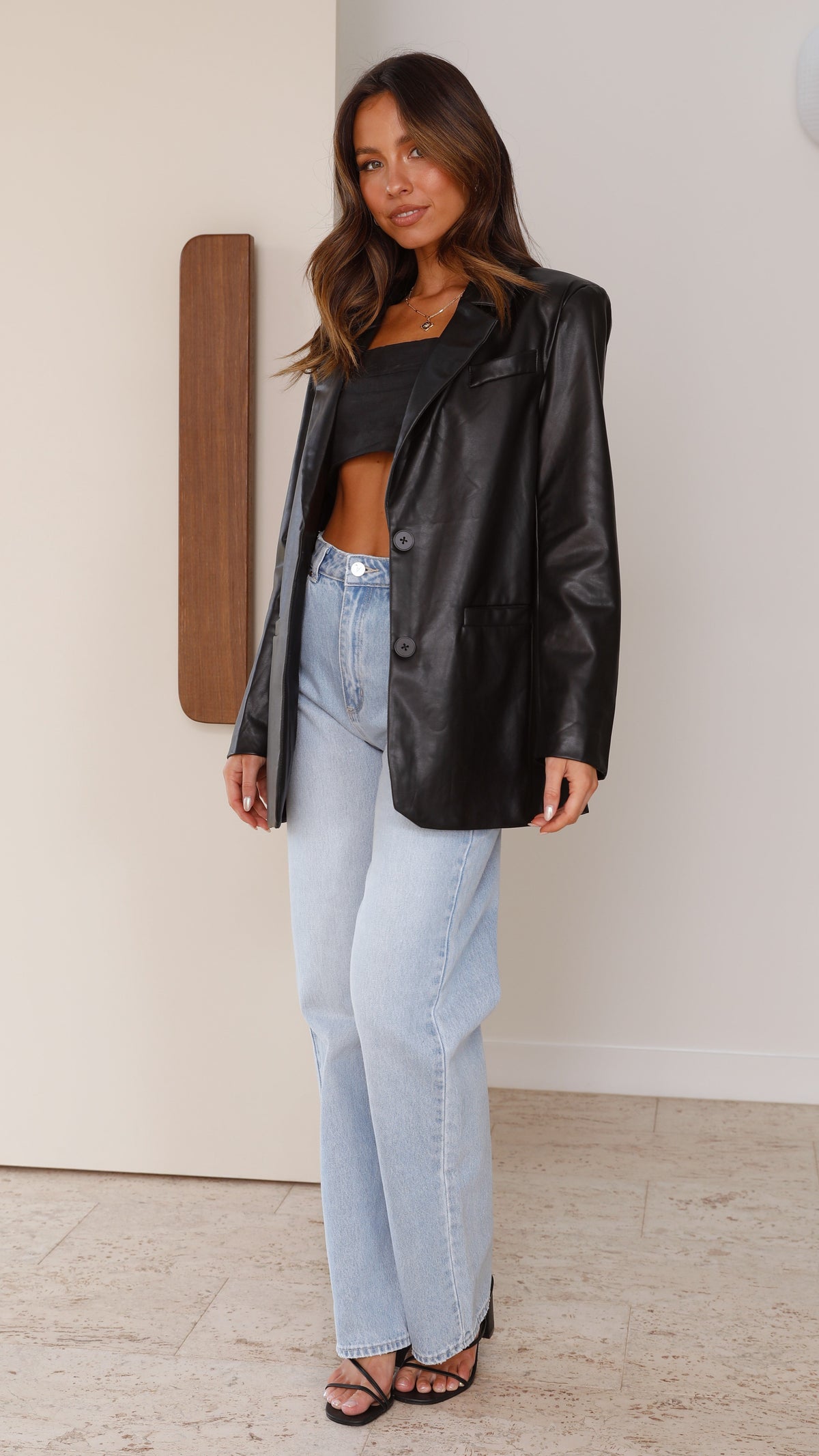 Belinda Oversized Faux Leather Blazer with Button Front – Black – view 6