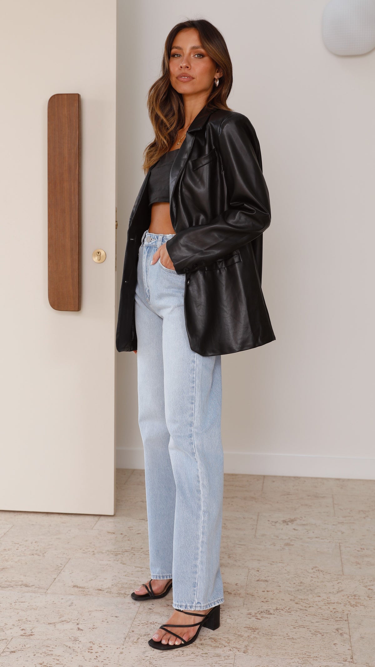 Belinda Oversized Faux Leather Blazer with Button Front – Black – view 3